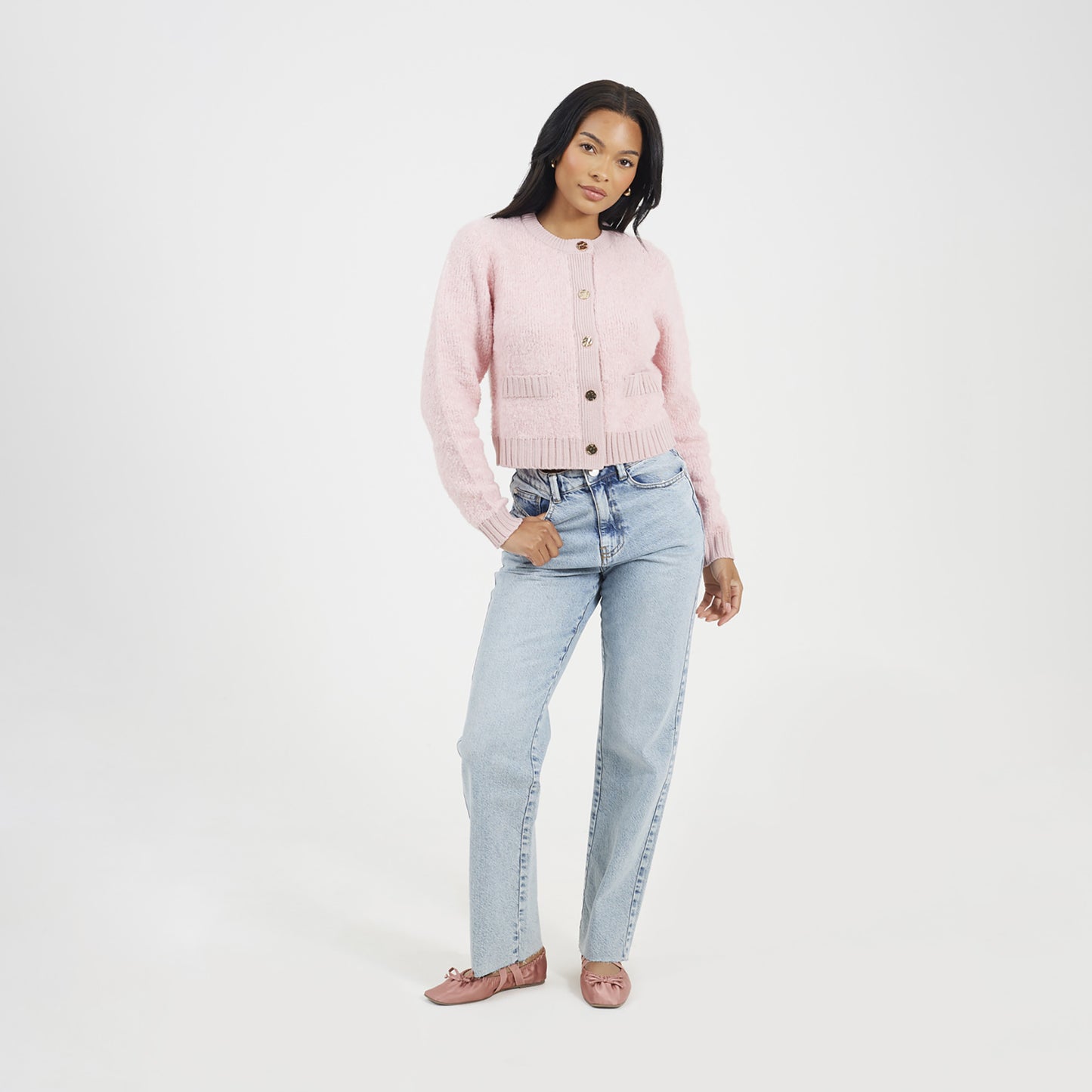 Brave Soul Pink Button Through Boucle Cardigan - Pink Image 3