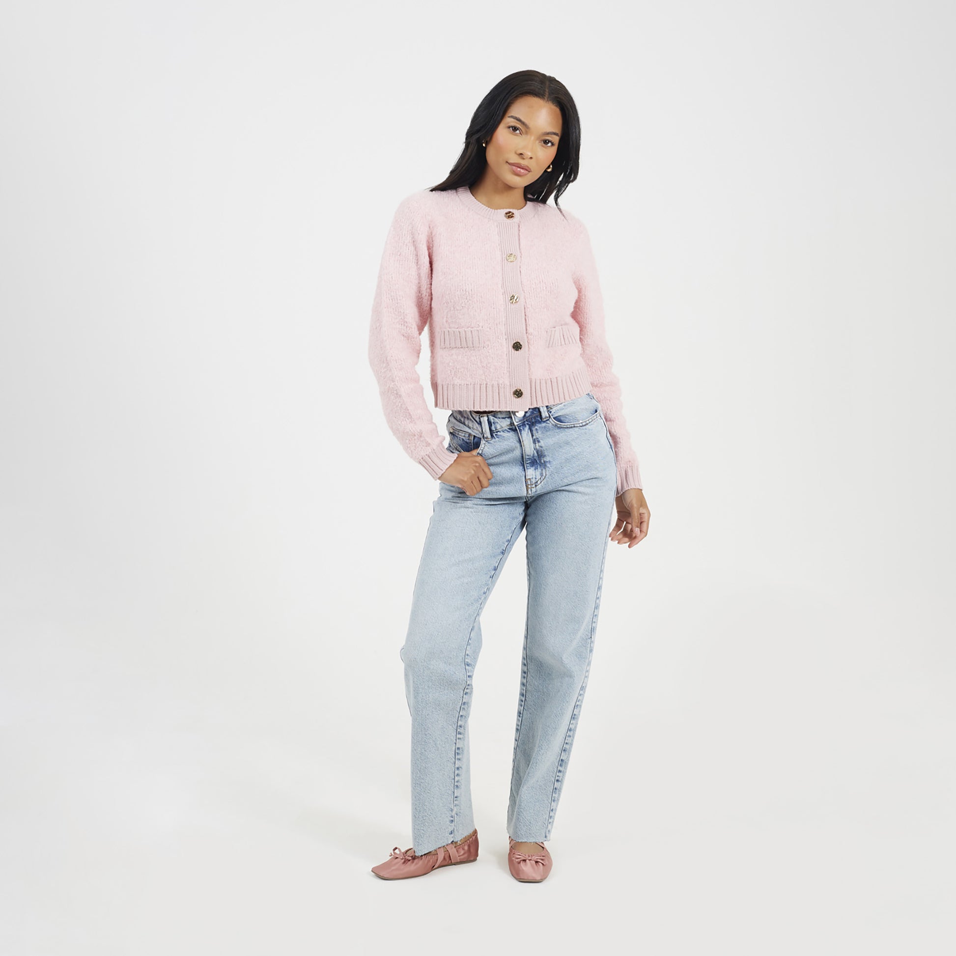 Brave Soul Pink Button Through Boucle Cardigan - Pink Image 3