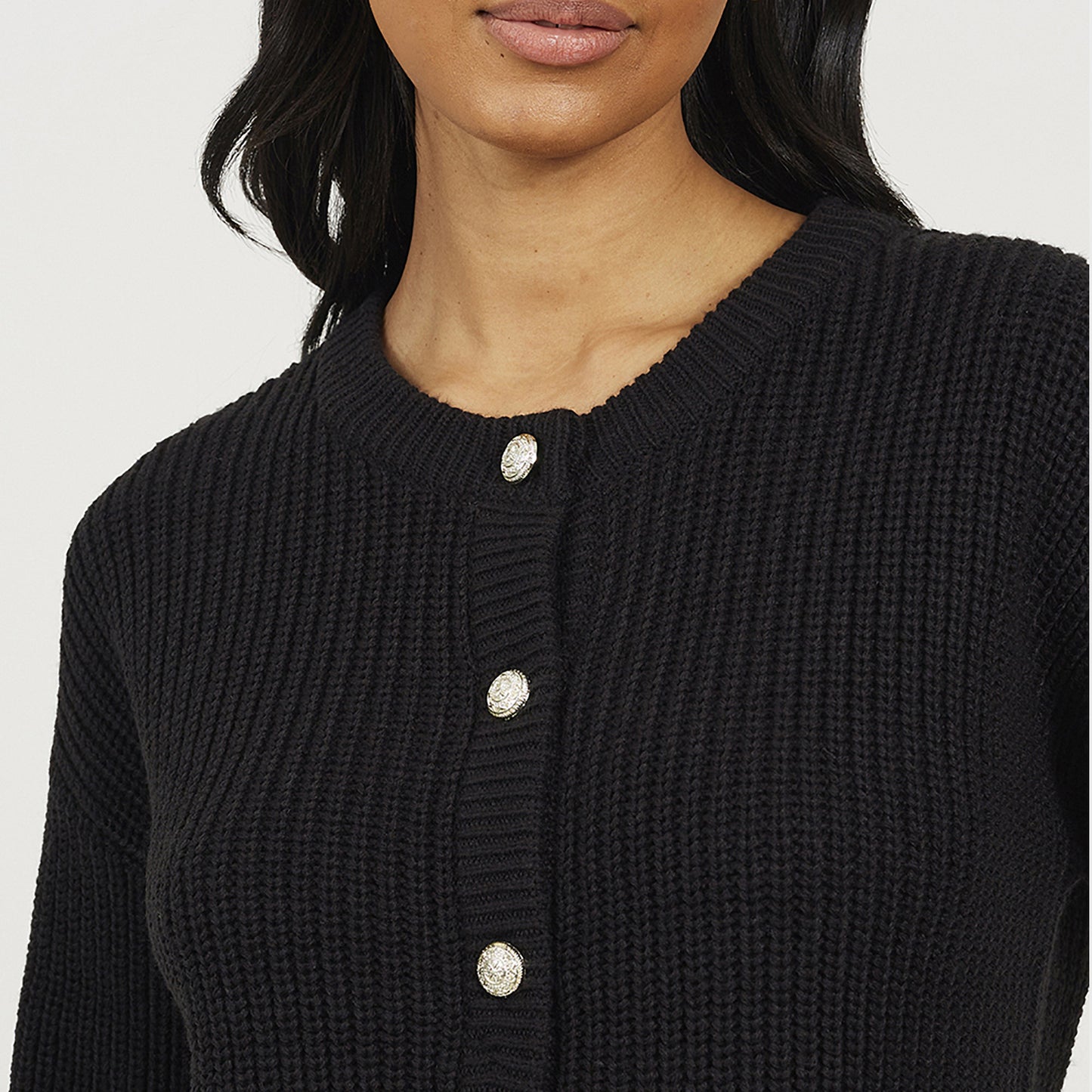 Brave Soul Black Round Neck Fisherman Knit Cardigan - Black Image 4