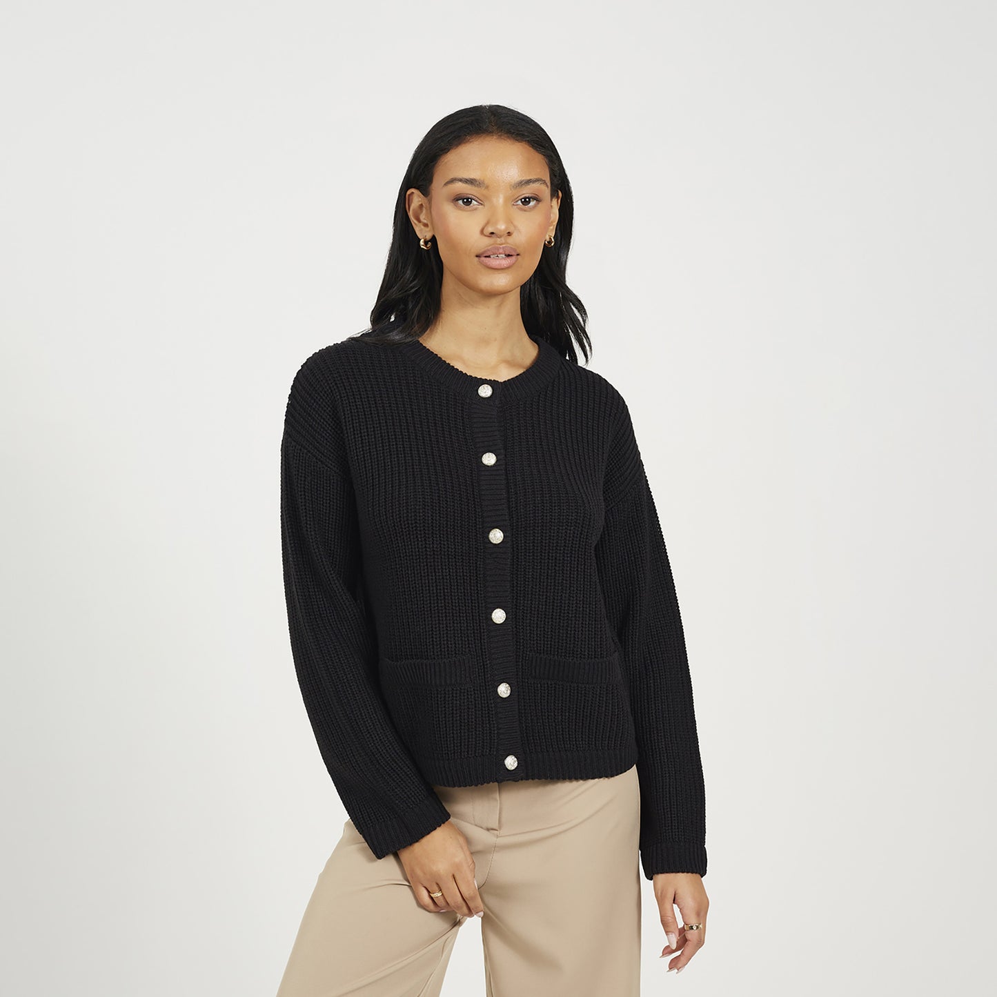 Brave Soul Black Round Neck Fisherman Knit Cardigan - Black Image 1
