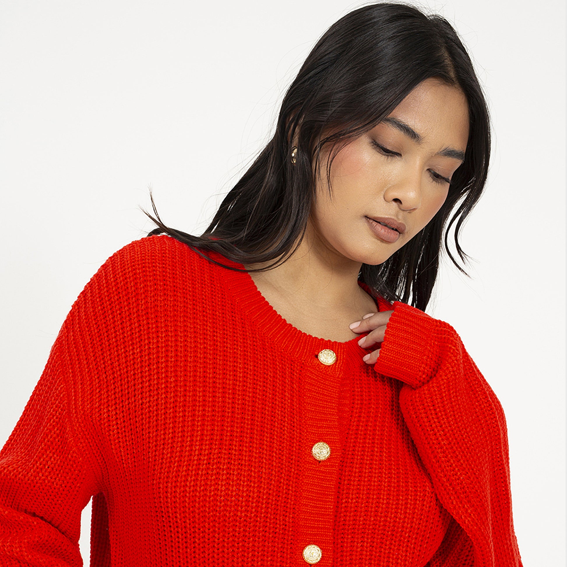 Brave Soul Red Round Neck Fisherman Knit Cardigan - Red Image 4