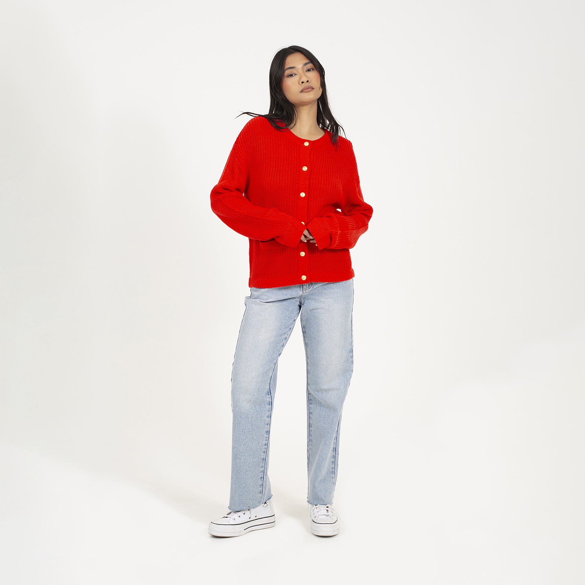 Brave Soul Red Round Neck Fisherman Knit Cardigan - Red Image 3