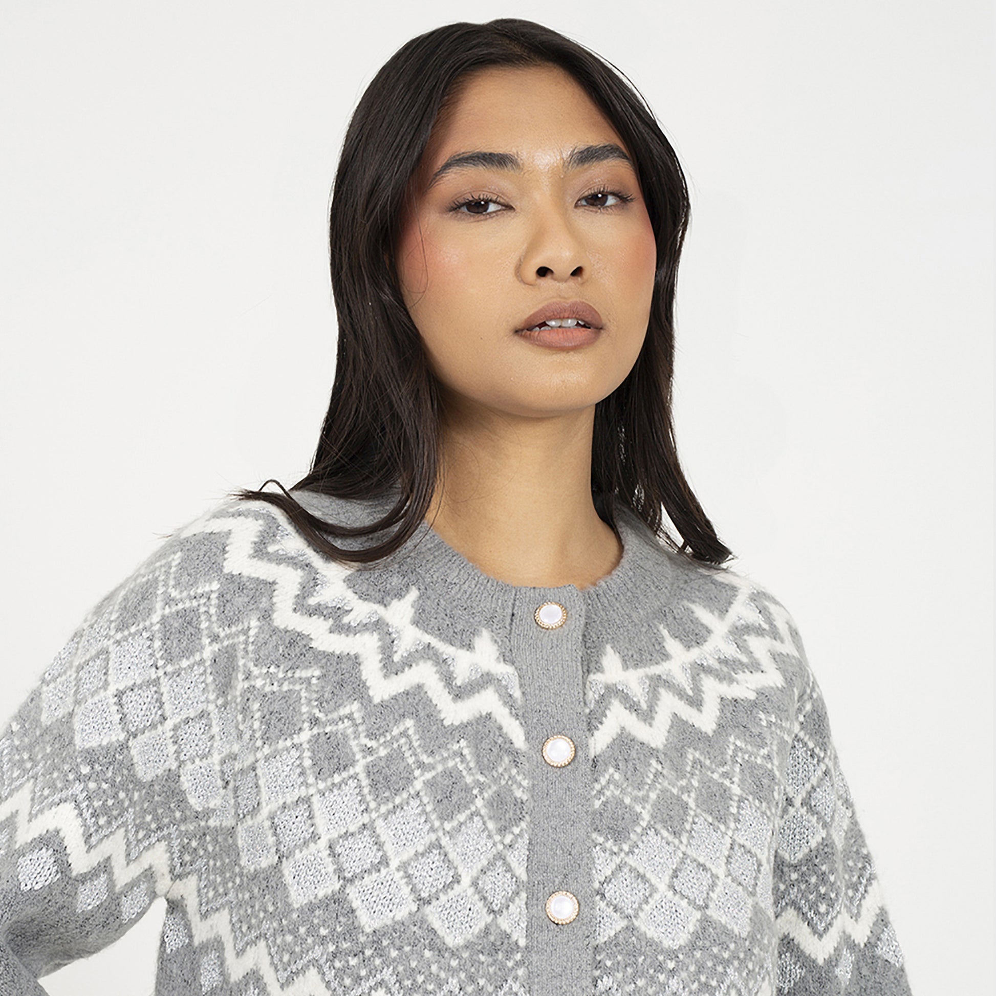 Brave Soul Grey Fairisle Cardigan With Faux Pearl Buttons - Grey Image 4