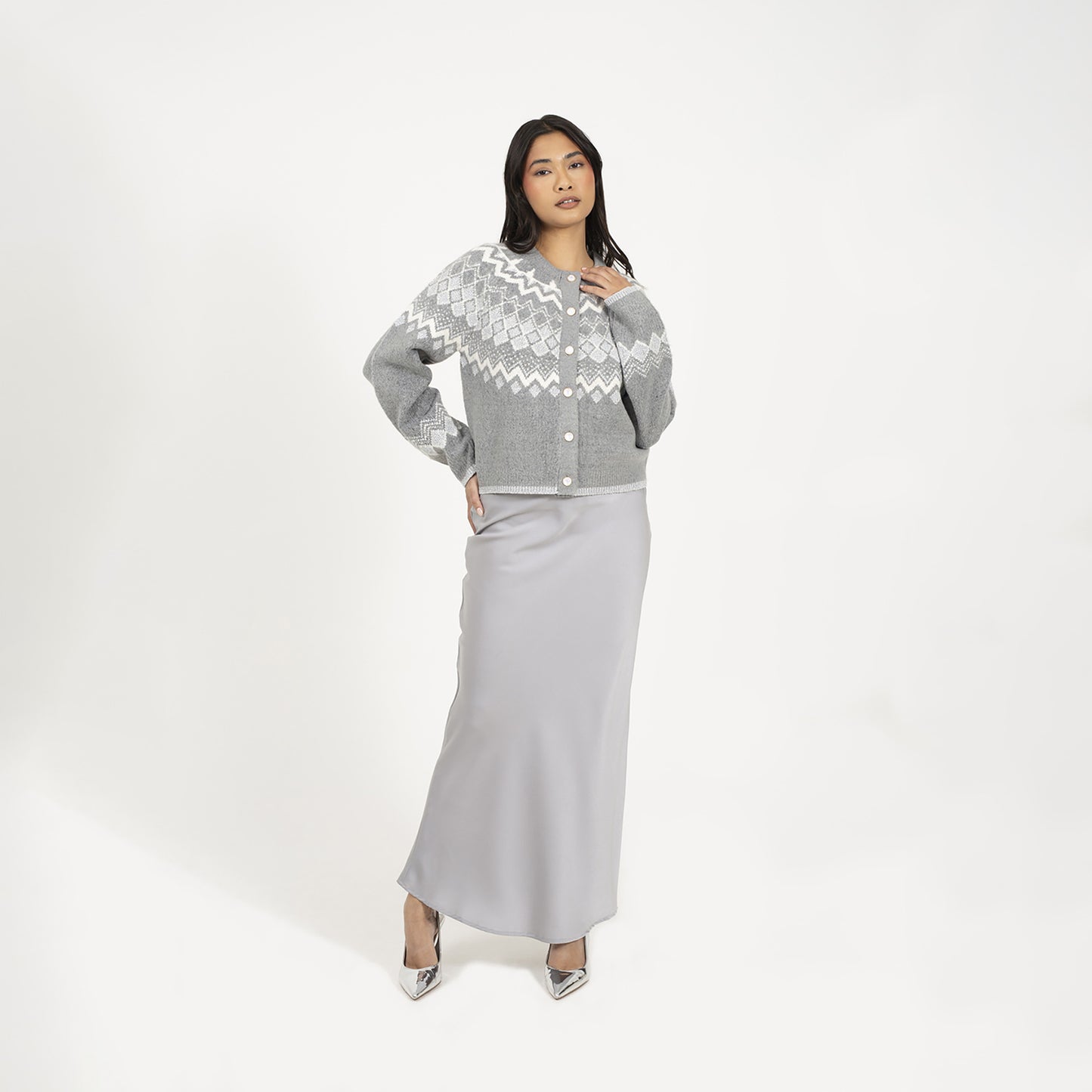Brave Soul Grey Fairisle Cardigan With Faux Pearl Buttons - Grey Image 3
