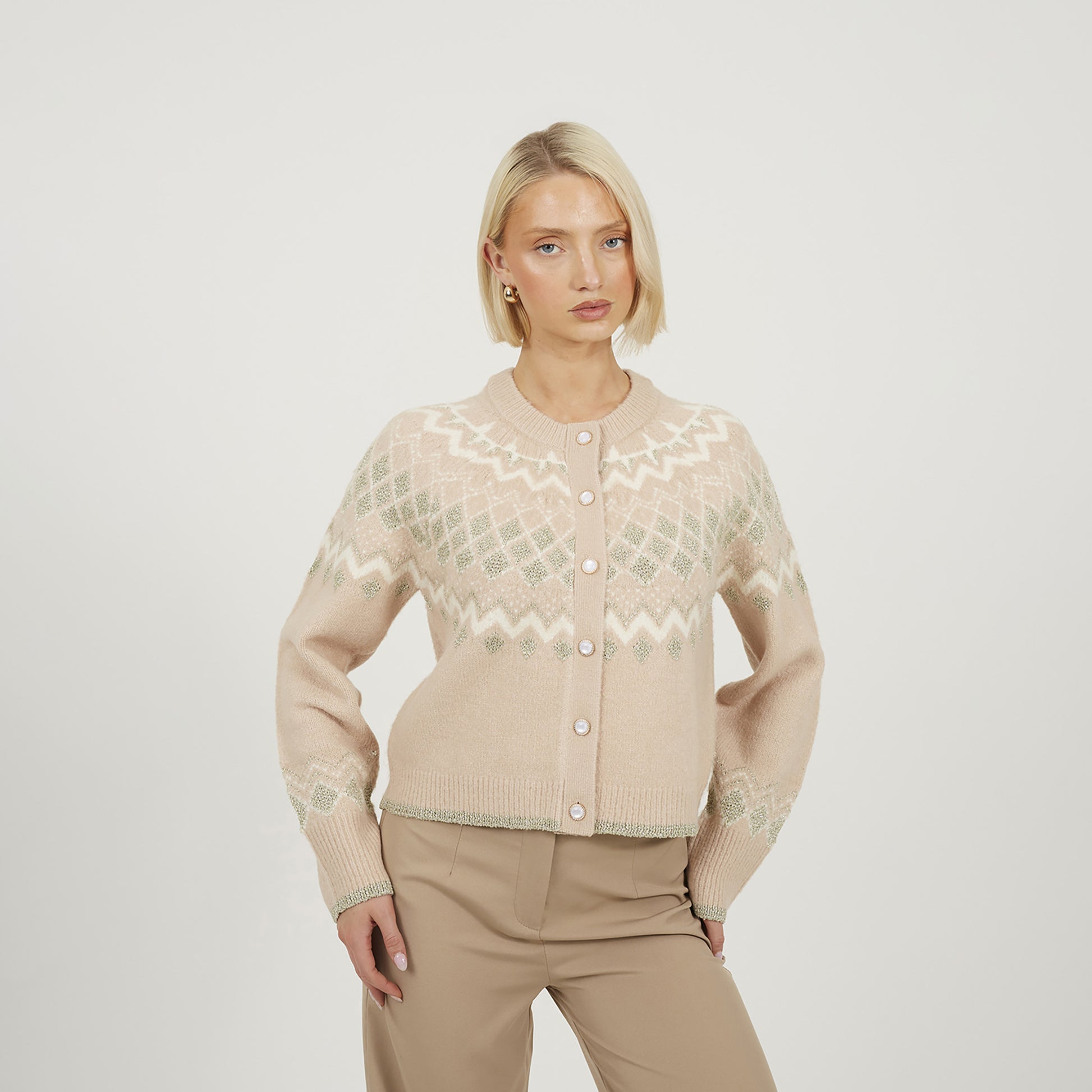 Brave Soul Pale Pink Fairisle Cardigan With Faux Pearl Buttons - Pale Pink Image 1