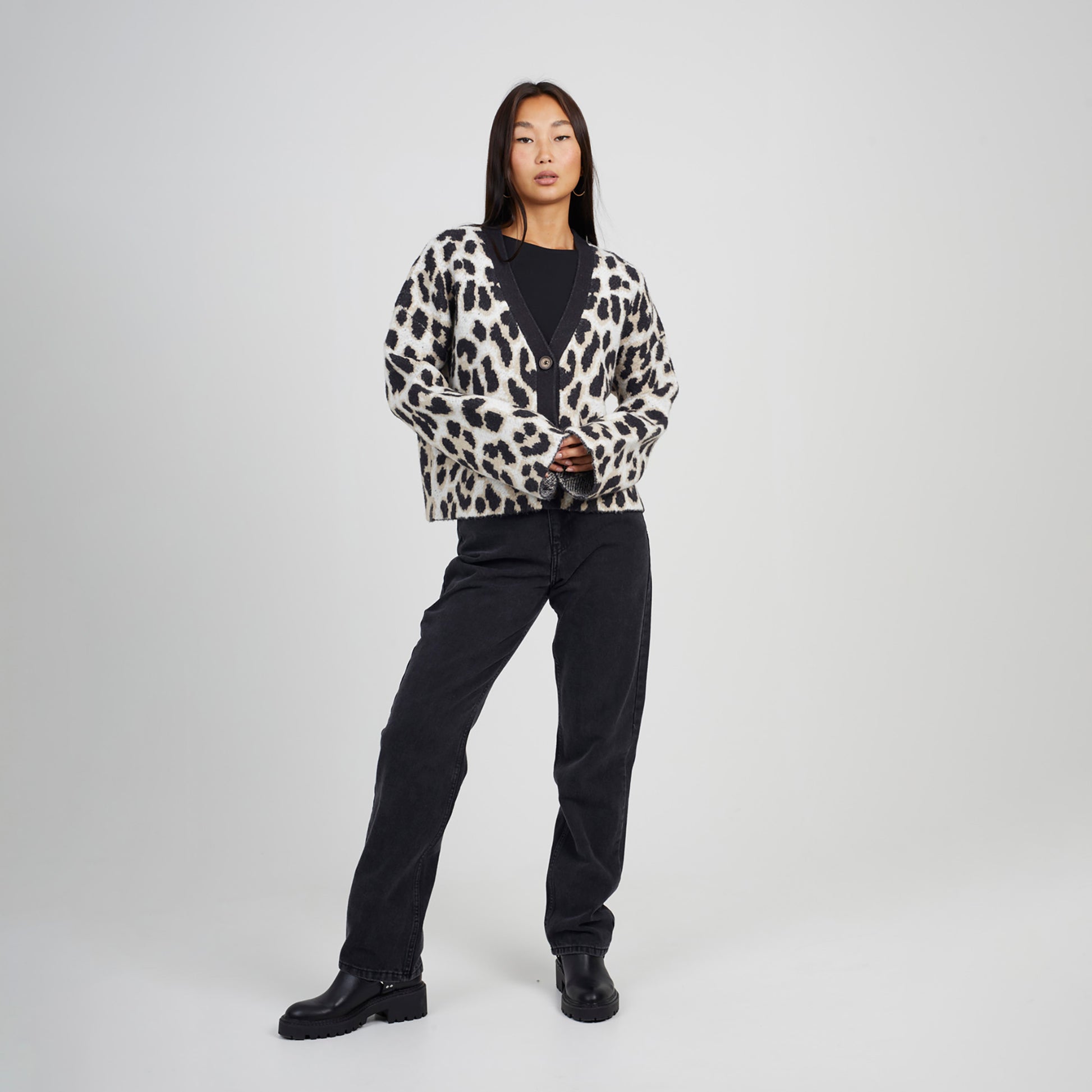 Brave Soul Camel Button Through Animal Print Jacquard Knit Cardigan - Camel Image 3