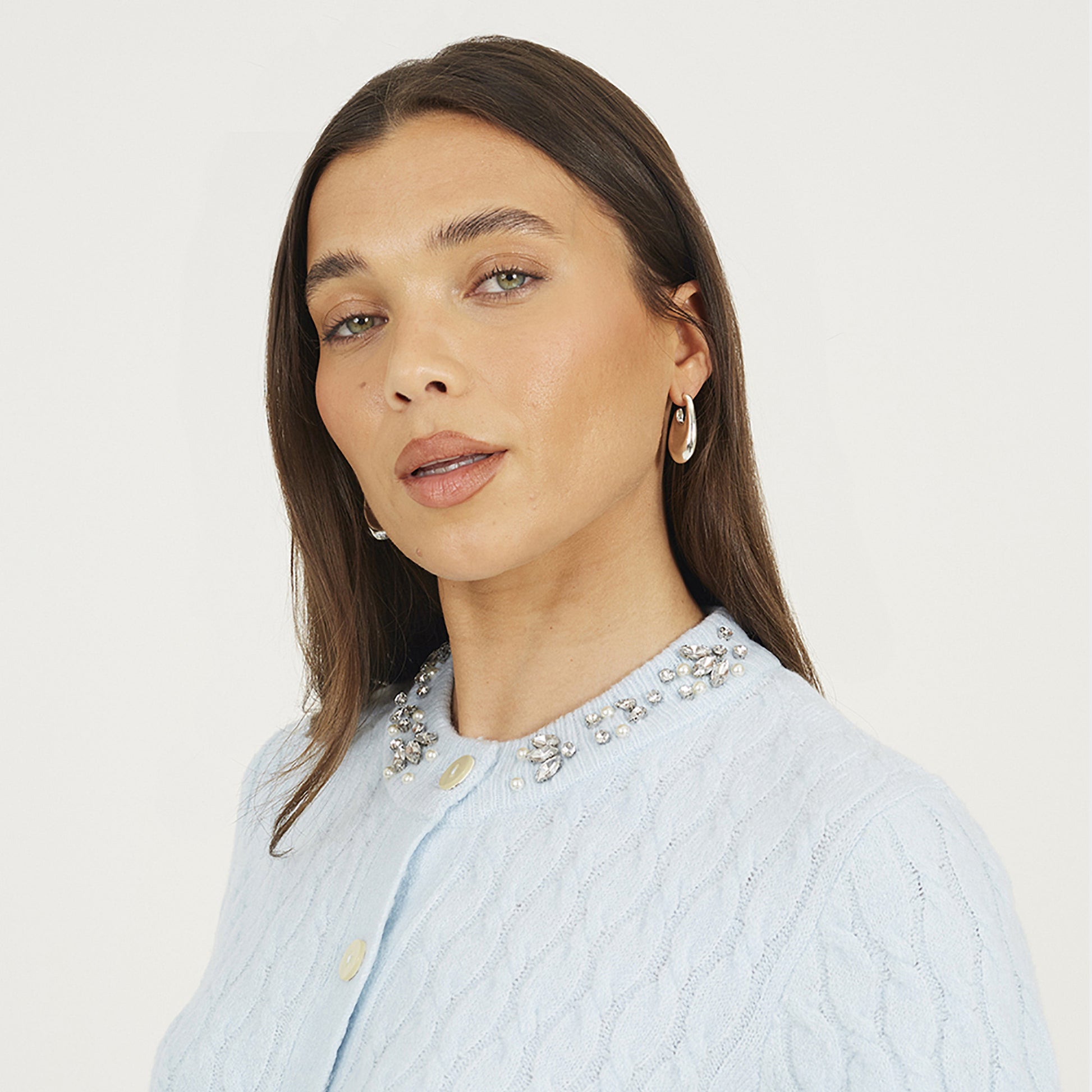 Brave Soul Blue Embellished Crew Neck Cable Knit Cardigan - Blue Image 4
