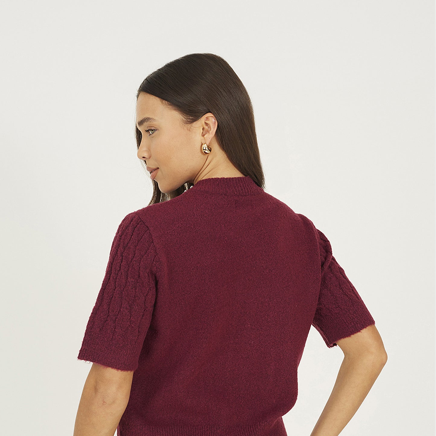Brave Soul Burgundy Embellished Crew Neck Cable Knit Cardigan - Burgundy Image 2