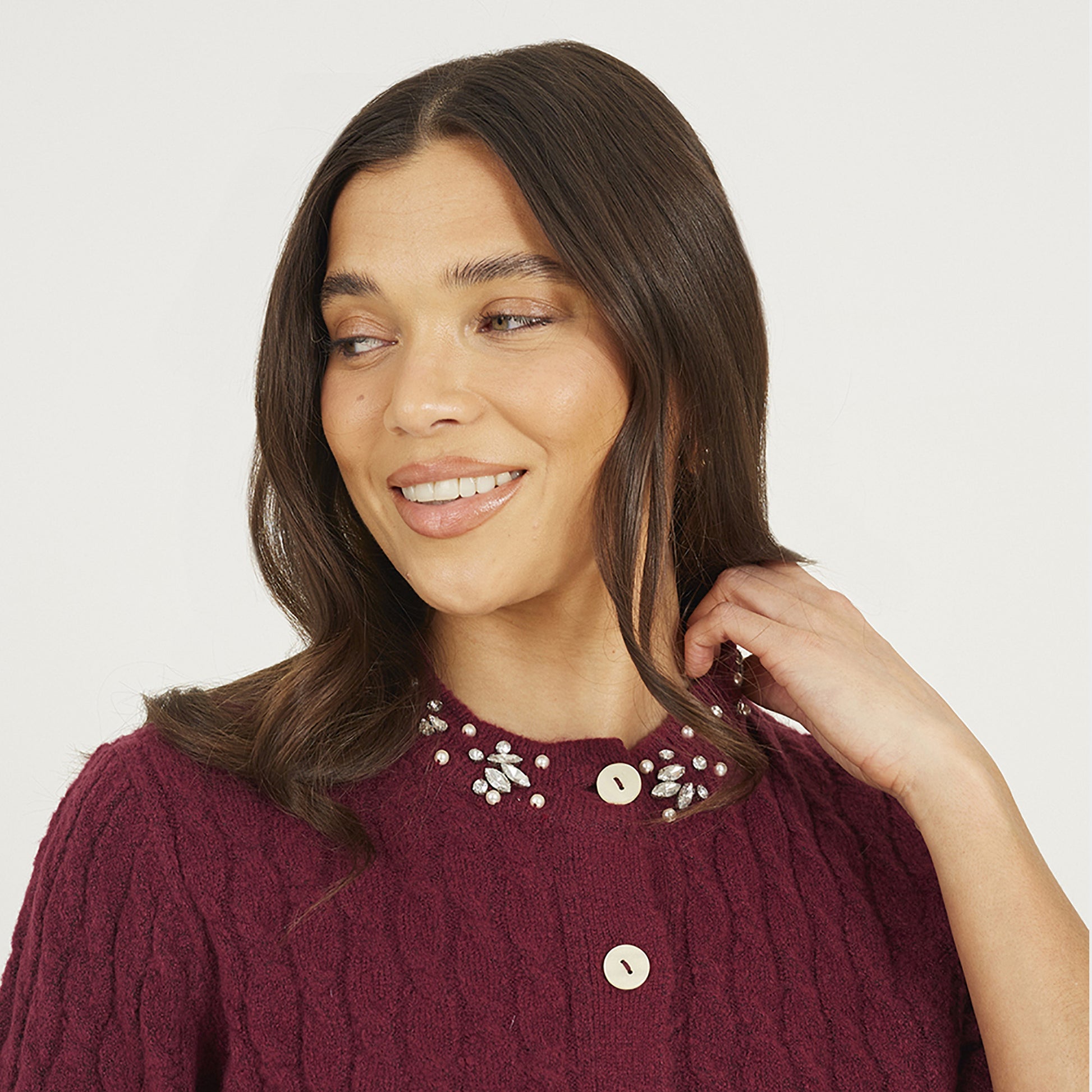 Brave Soul Burgundy Embellished Crew Neck Cable Knit Cardigan - Burgundy Image 4