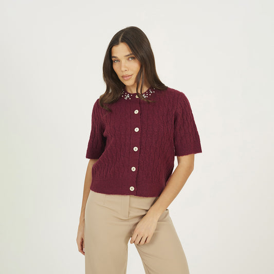 Brave Soul Burgundy Embellished Crew Neck Cable Knit Cardigan - Burgundy Image 1
