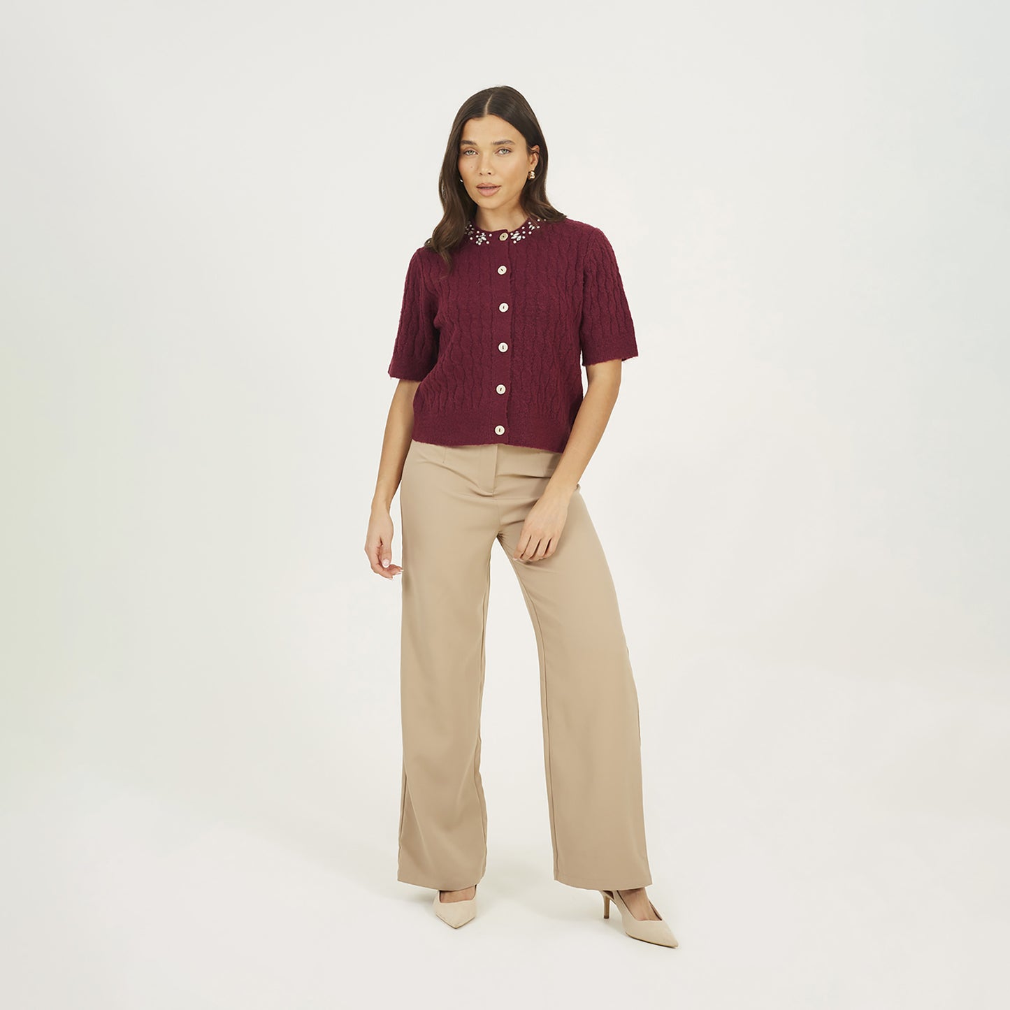 Brave Soul Burgundy Embellished Crew Neck Cable Knit Cardigan - Burgundy Image 3