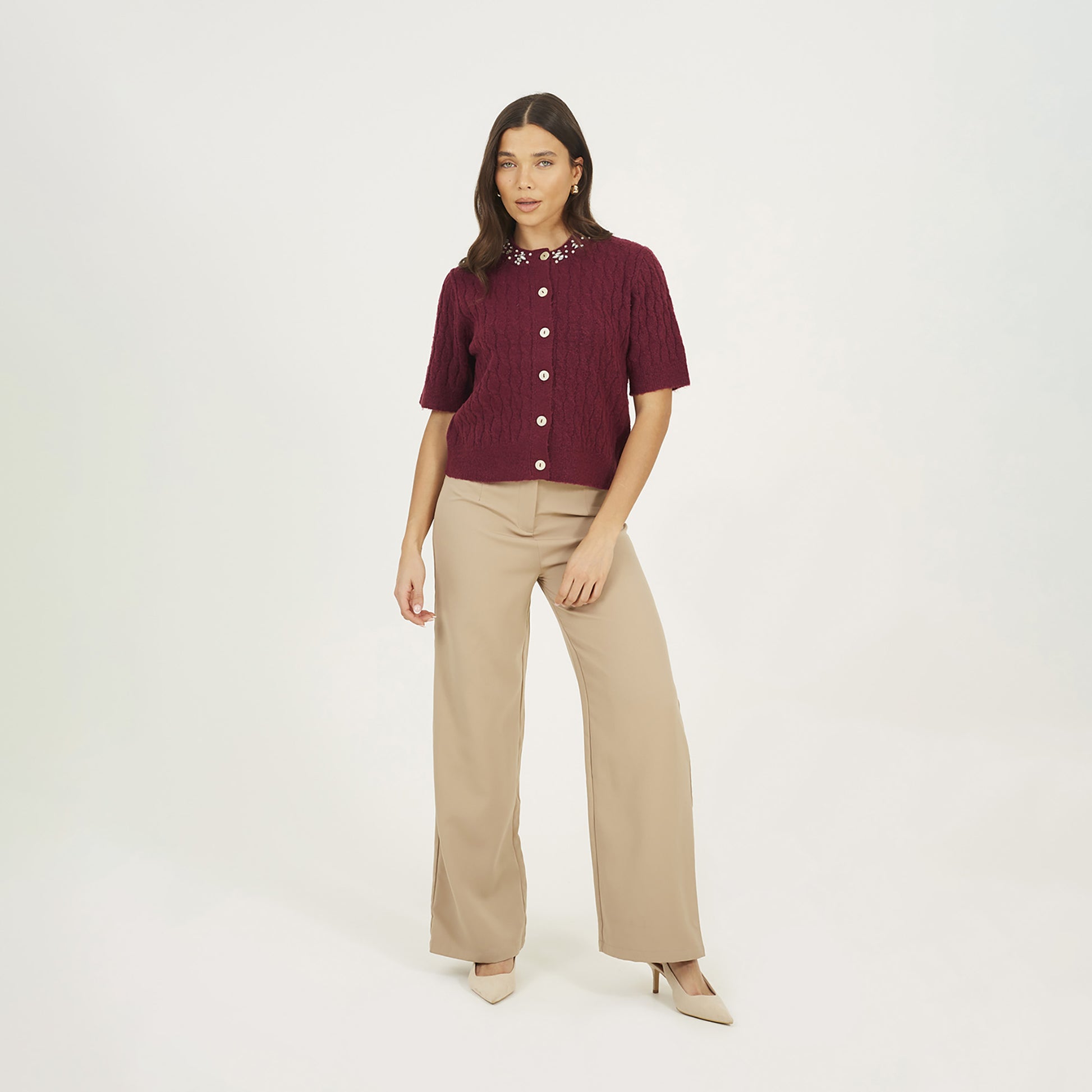 Brave Soul Burgundy Embellished Crew Neck Cable Knit Cardigan - Burgundy Image 3
