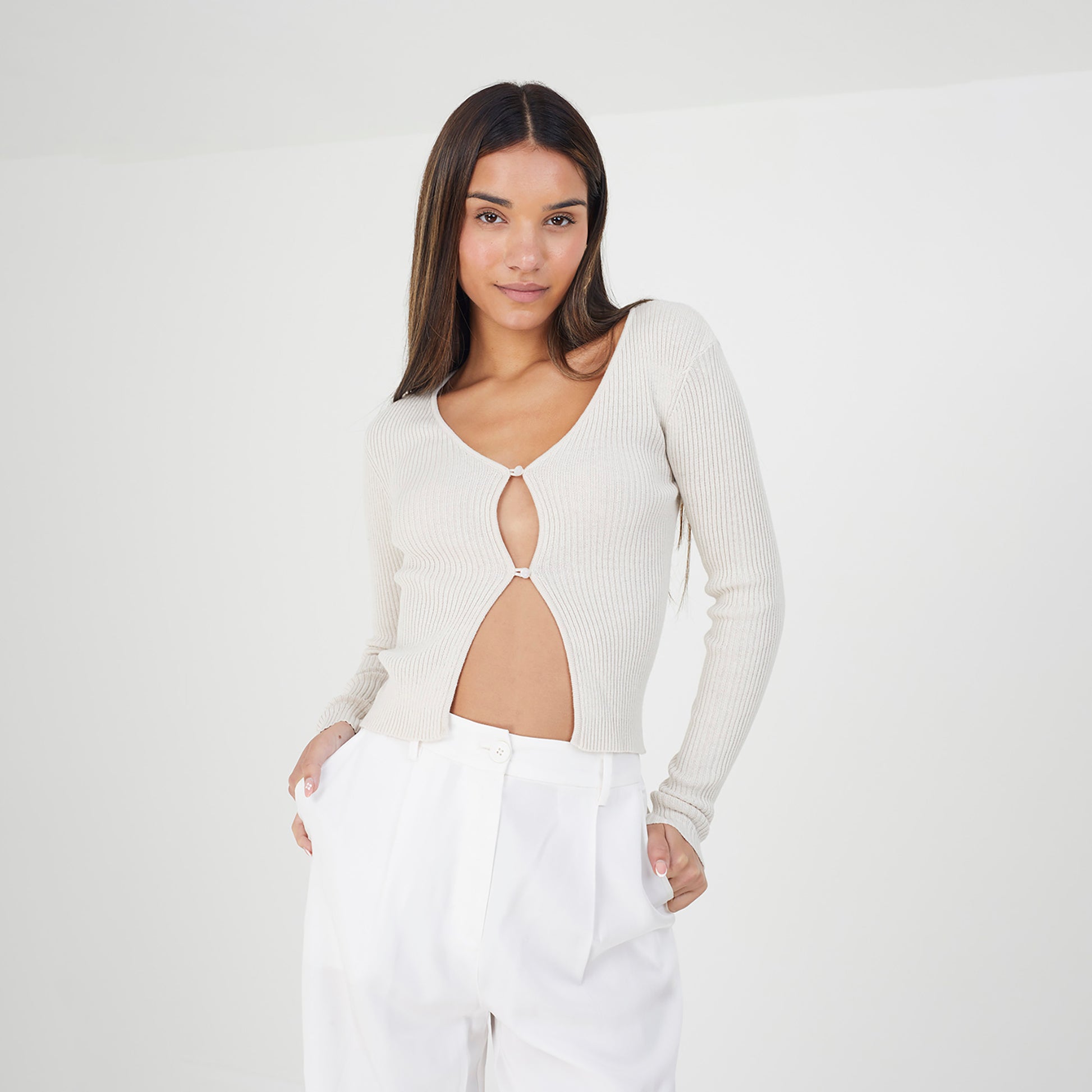 Brave Soul Stone Ribbed Knitted V-Neck Cardigan - Stone Image 1