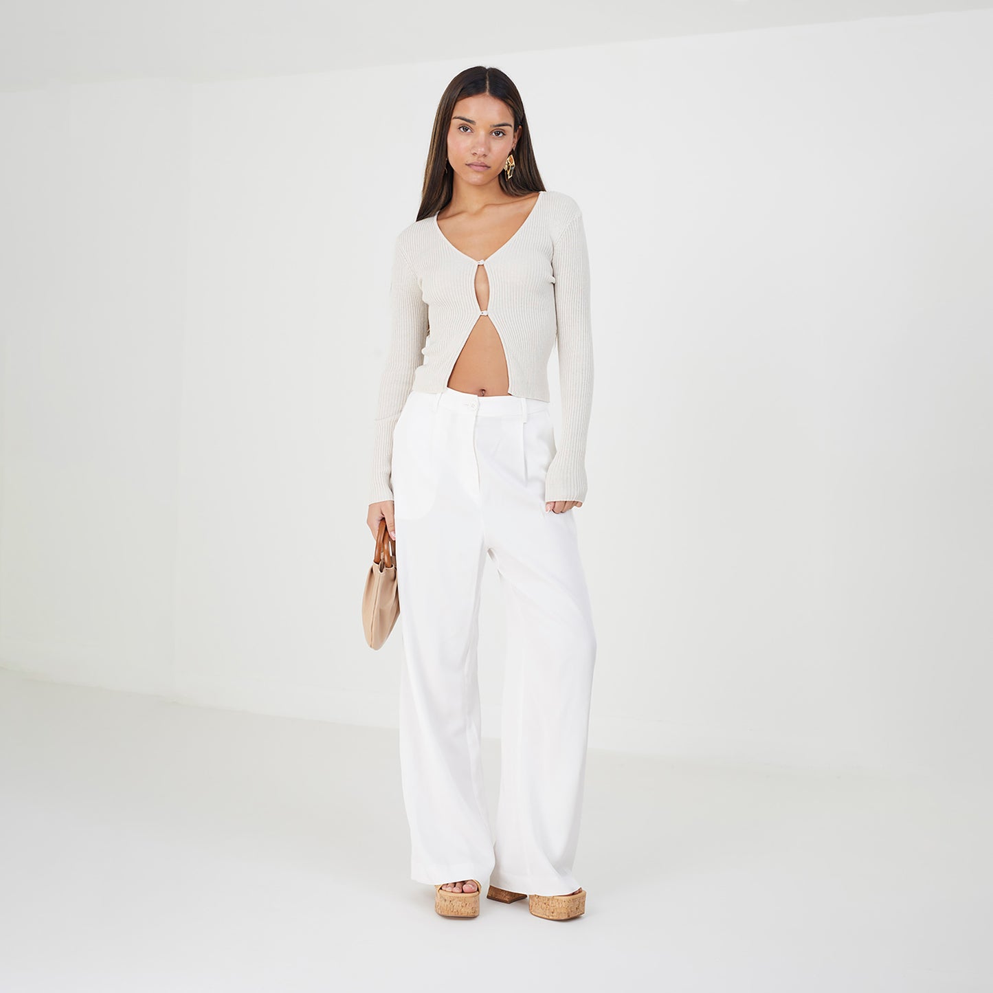 Brave Soul Stone Ribbed Knitted V-Neck Cardigan - Stone Image 3