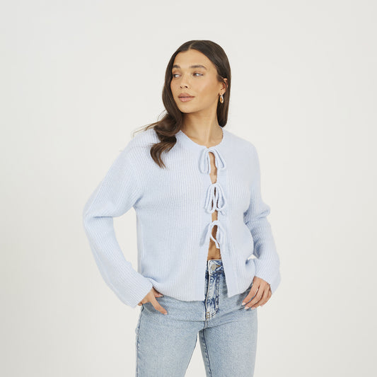 Brave Soul Blue Tie Fastening Fisherman Knit Cardigan - Blue Image 1