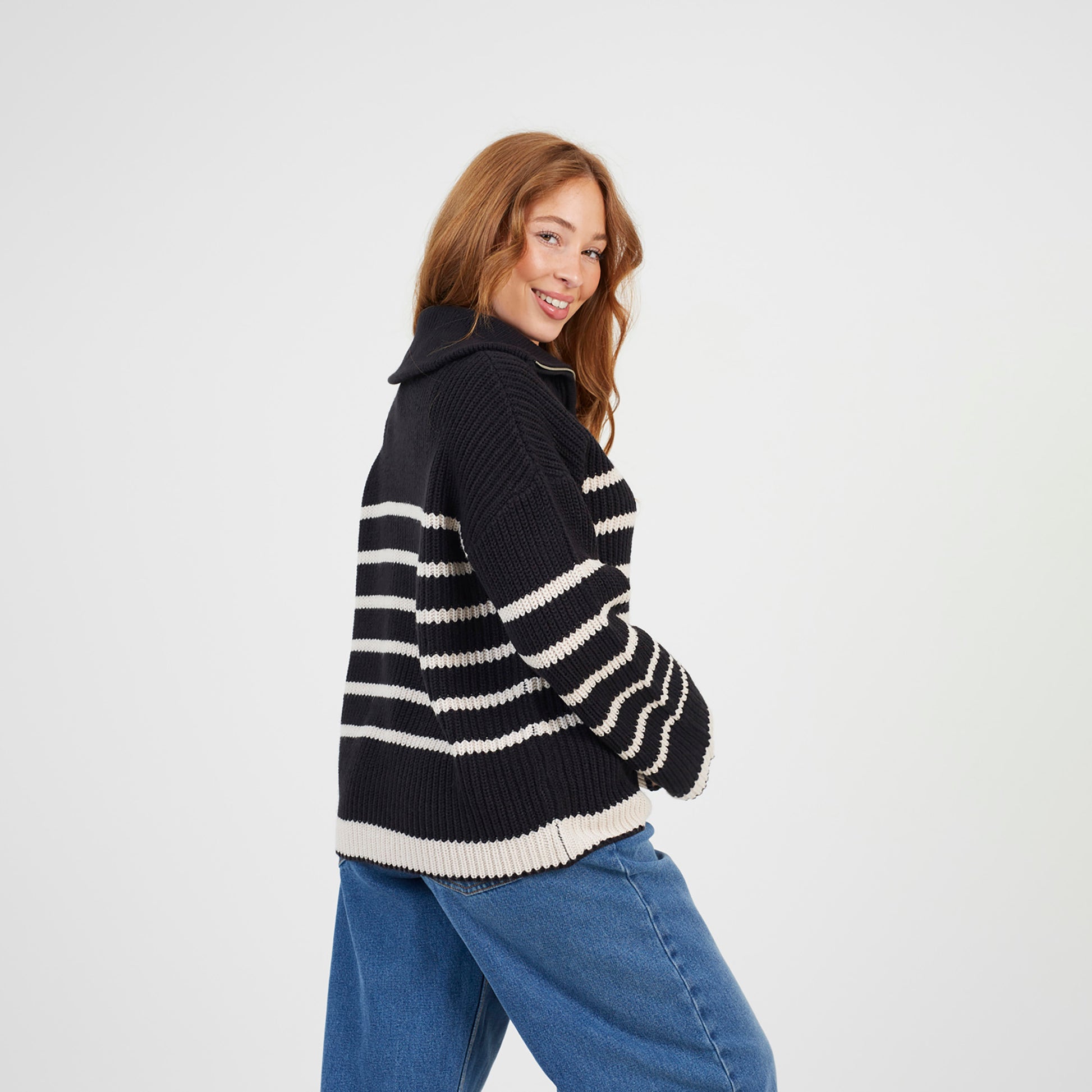 Brave Soul Black Stripe Zip Through Fisherman Knit Jumper - Black Image 2