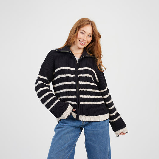 Brave Soul Black Stripe Zip Through Fisherman Knit Jumper - Black Image 1