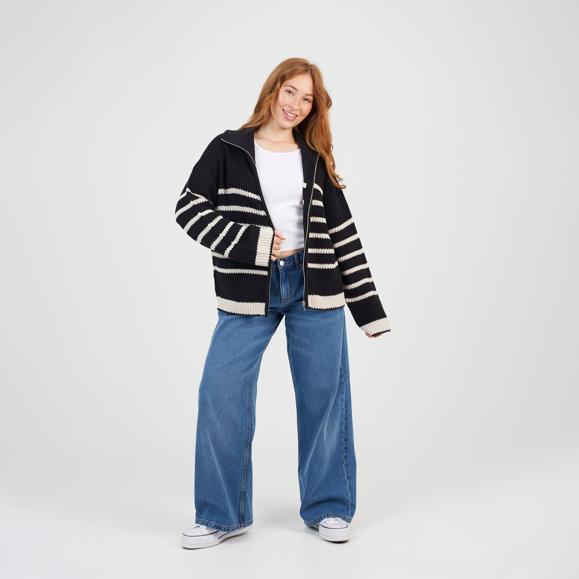 Brave Soul Black Stripe Zip Through Fisherman Knit Jumper - Black Image 3