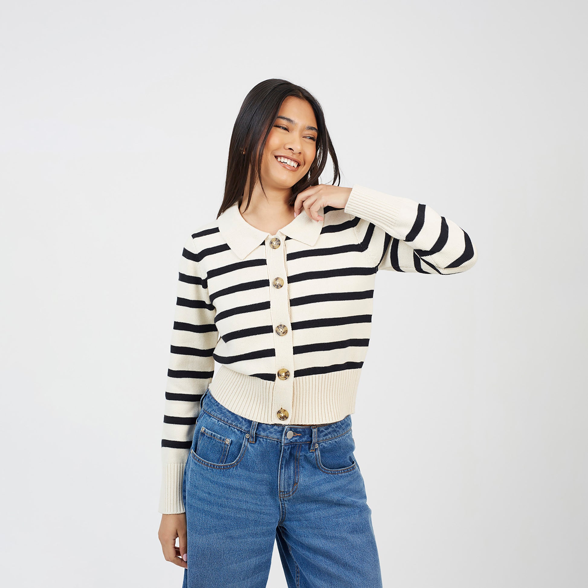 Brave Soul Cream Stripe Collared Cardigan - Cream Image 1