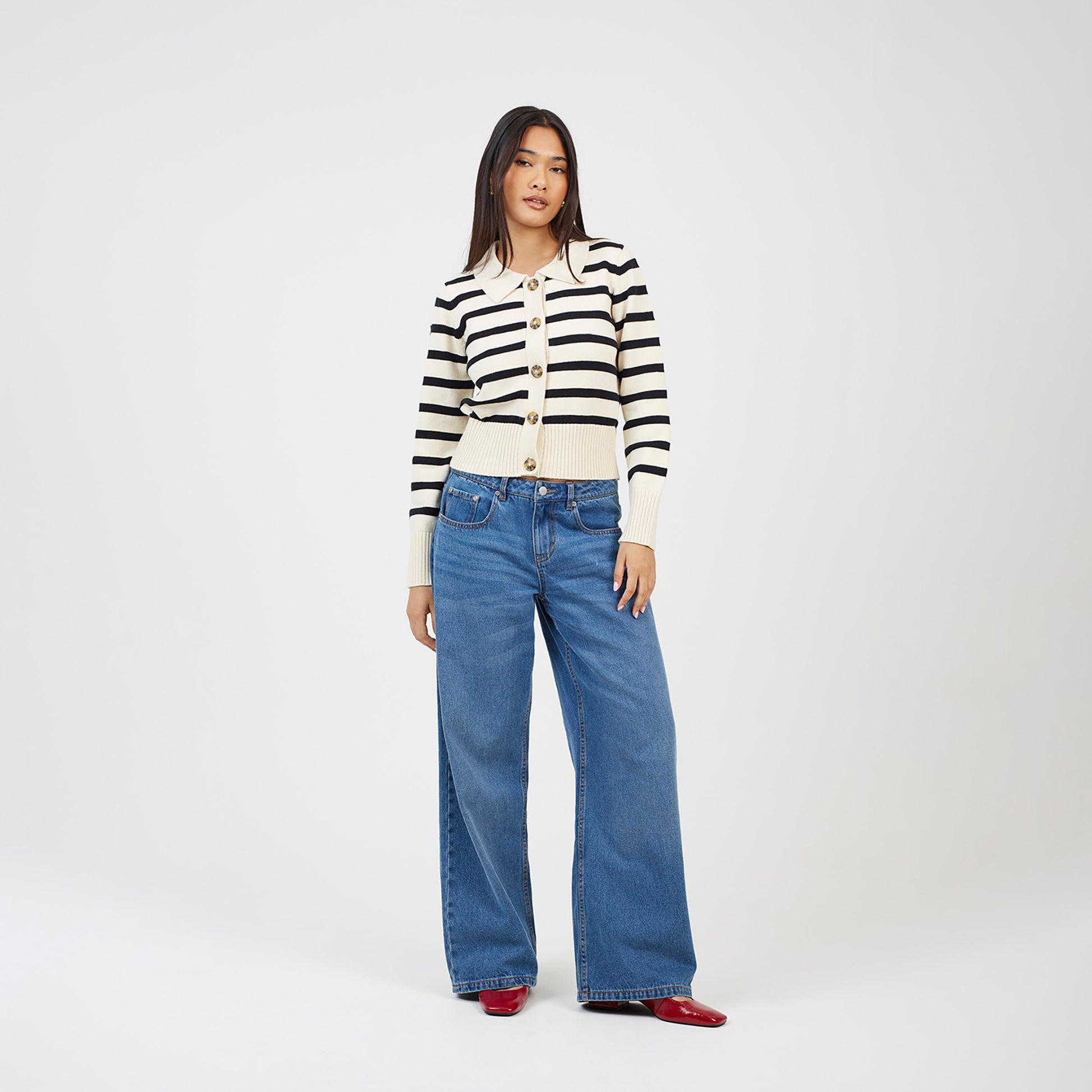 Brave Soul Cream Stripe Collared Cardigan - Cream Image 3