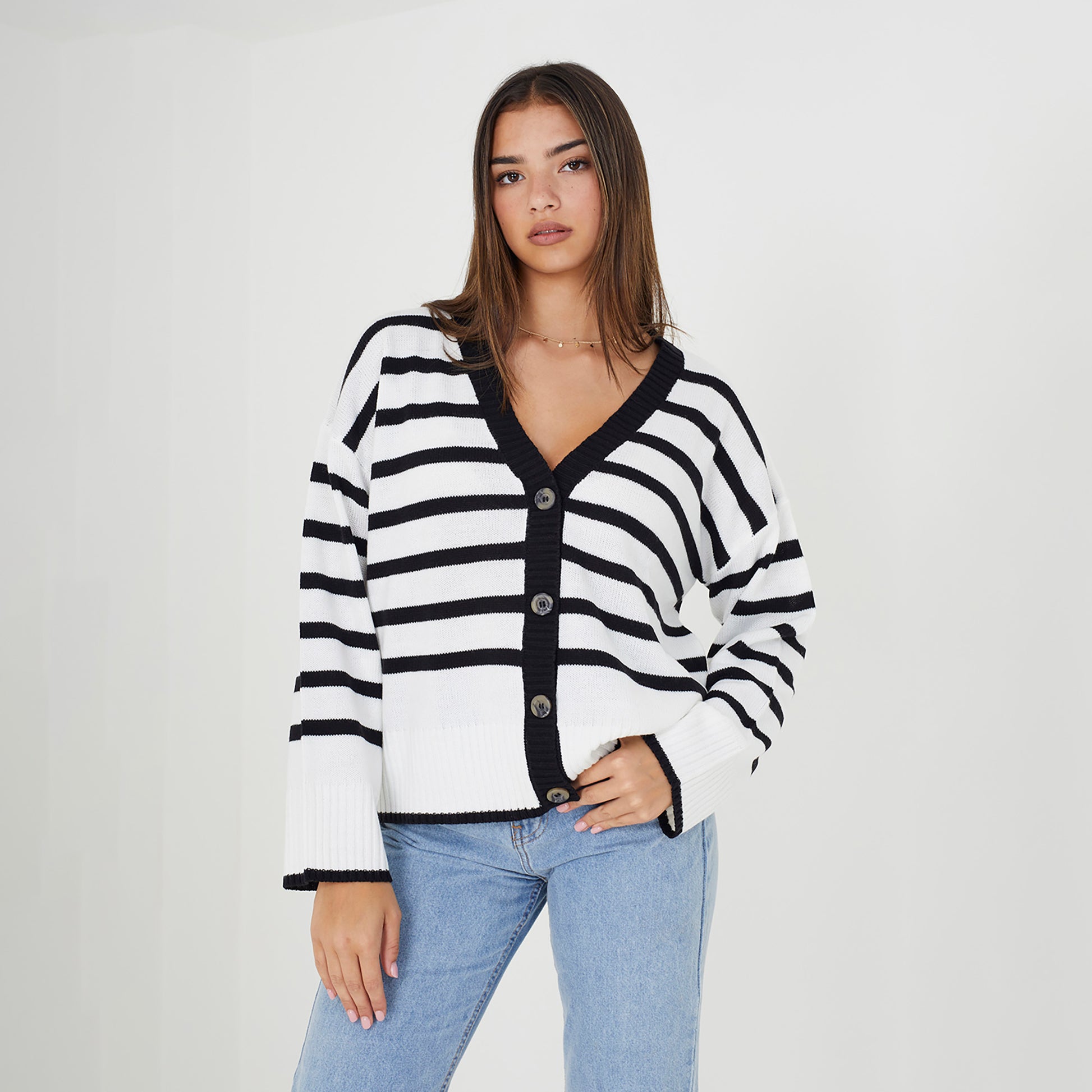 Brave Soul Ivory V-Neck Striped Cardigan - Ivory Image 1