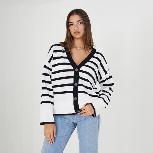 Brave Soul Ivory V-Neck Striped Cardigan - Ivory Image 1