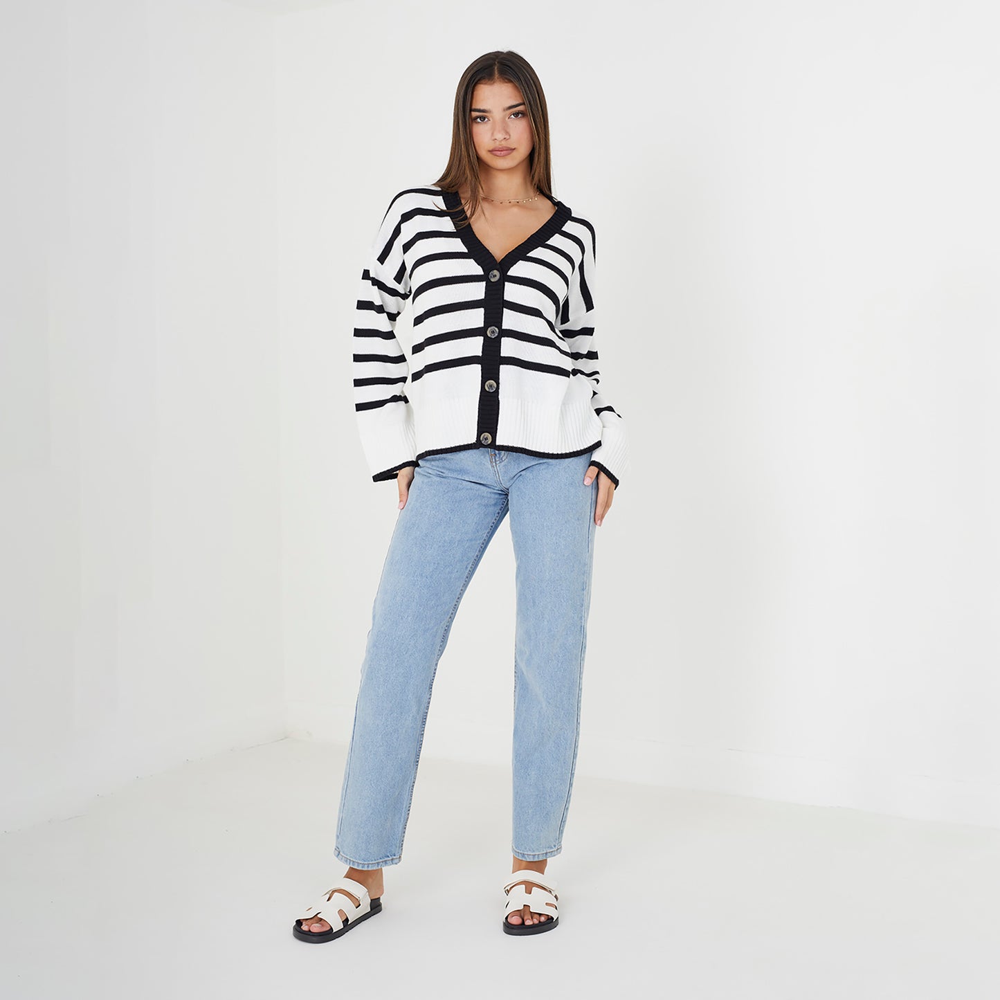 Brave Soul Ivory V-Neck Striped Cardigan - Ivory Image 3