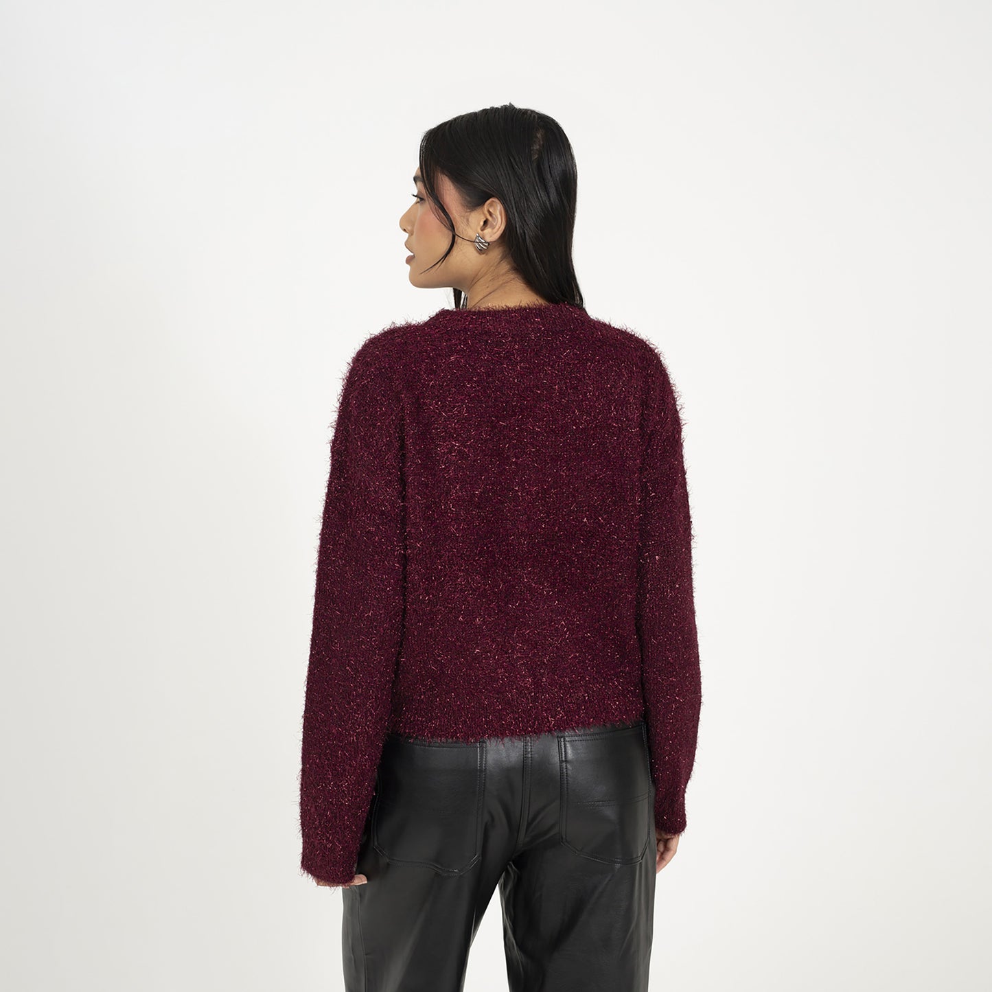 Brave Soul Wine Fluffy Tinsel Knit Cardigan - Wine Image 2