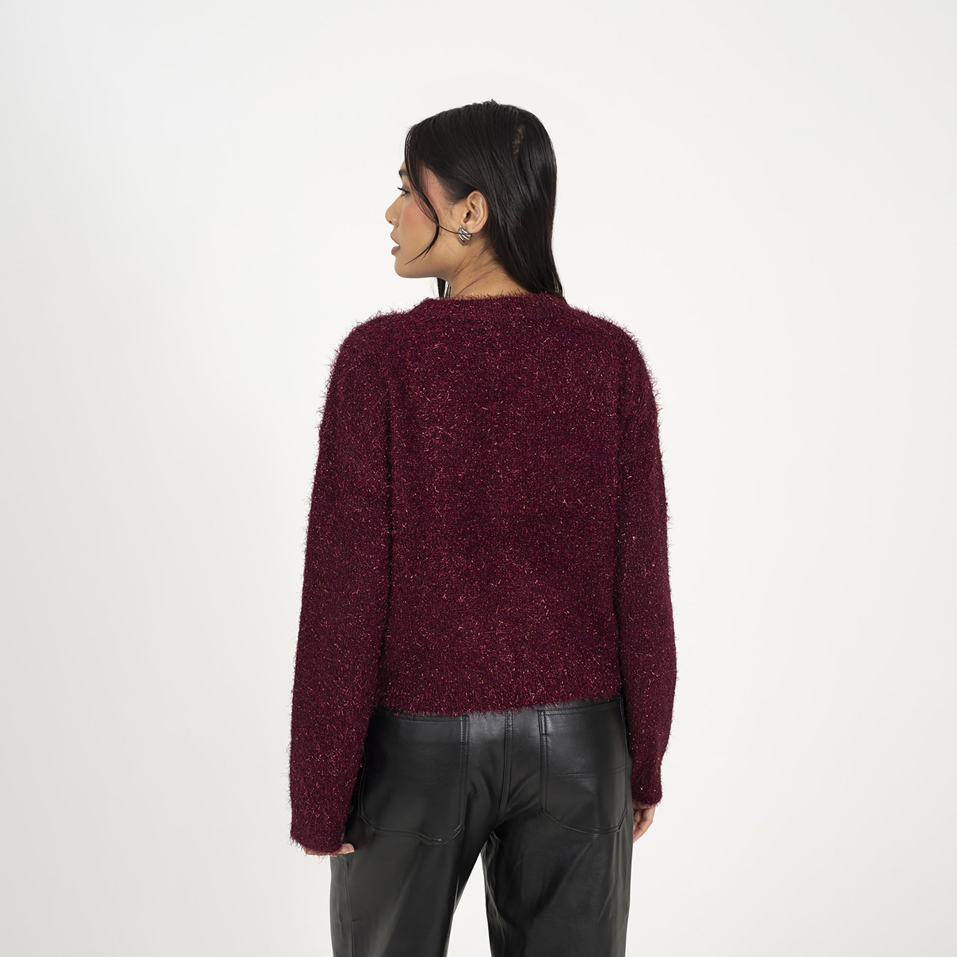 Brave Soul Wine Fluffy Tinsel Knit Cardigan - Wine Image 2