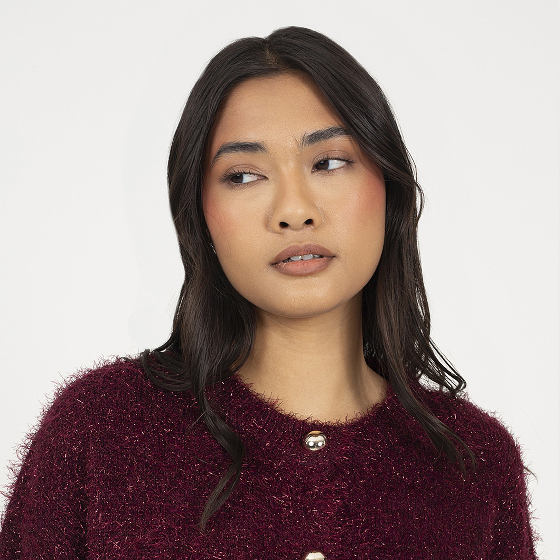 Brave Soul Wine Fluffy Tinsel Knit Cardigan - Wine Image 4
