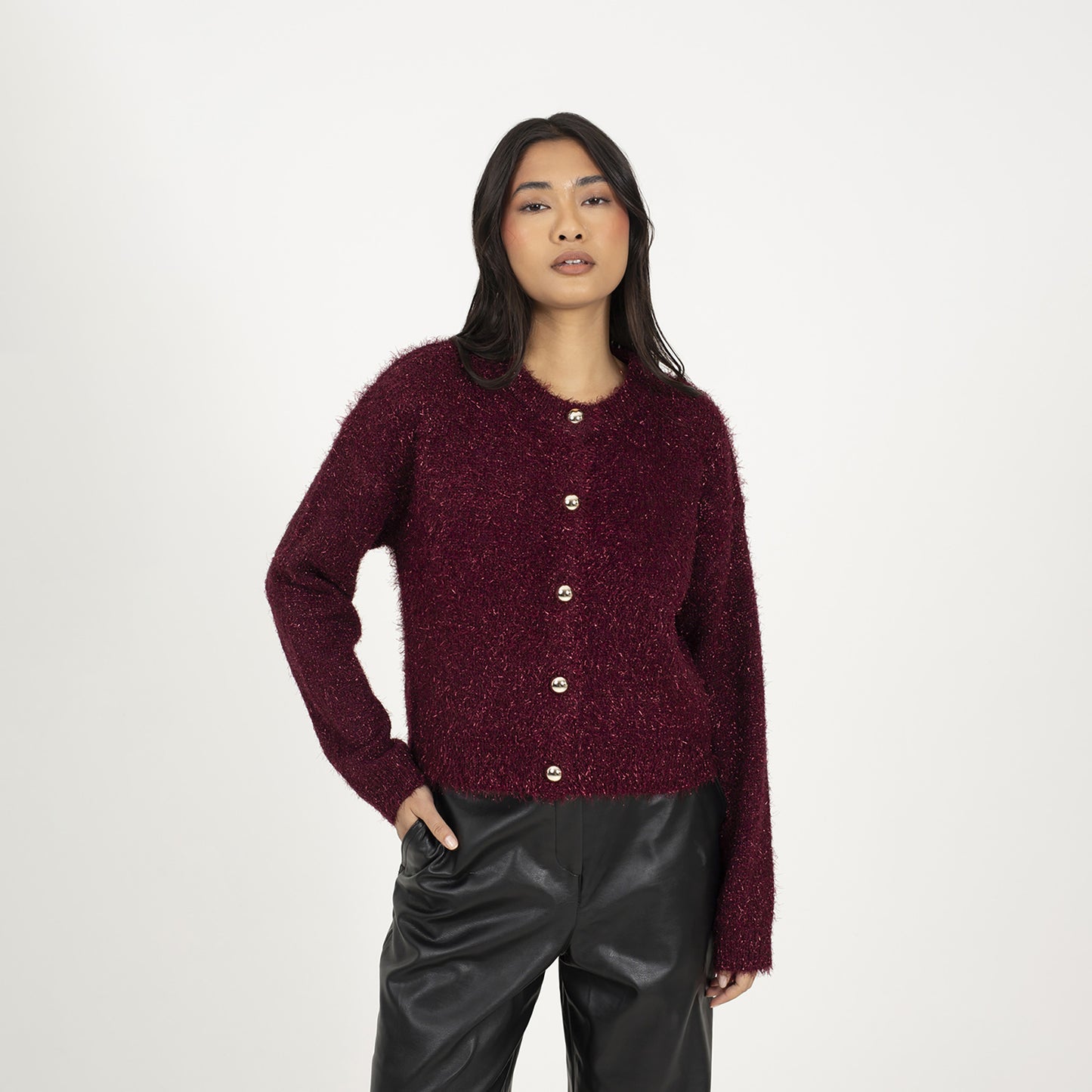 Brave Soul Wine Fluffy Tinsel Knit Cardigan - Wine Image 1