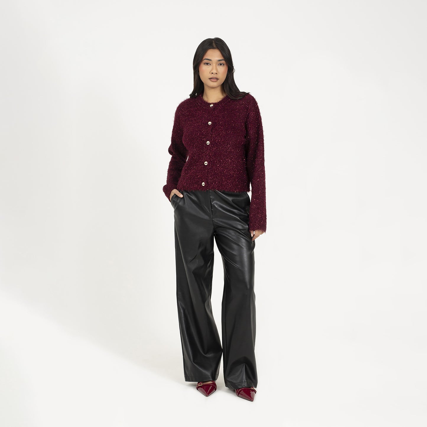 Brave Soul Wine Fluffy Tinsel Knit Cardigan - Wine Image 3