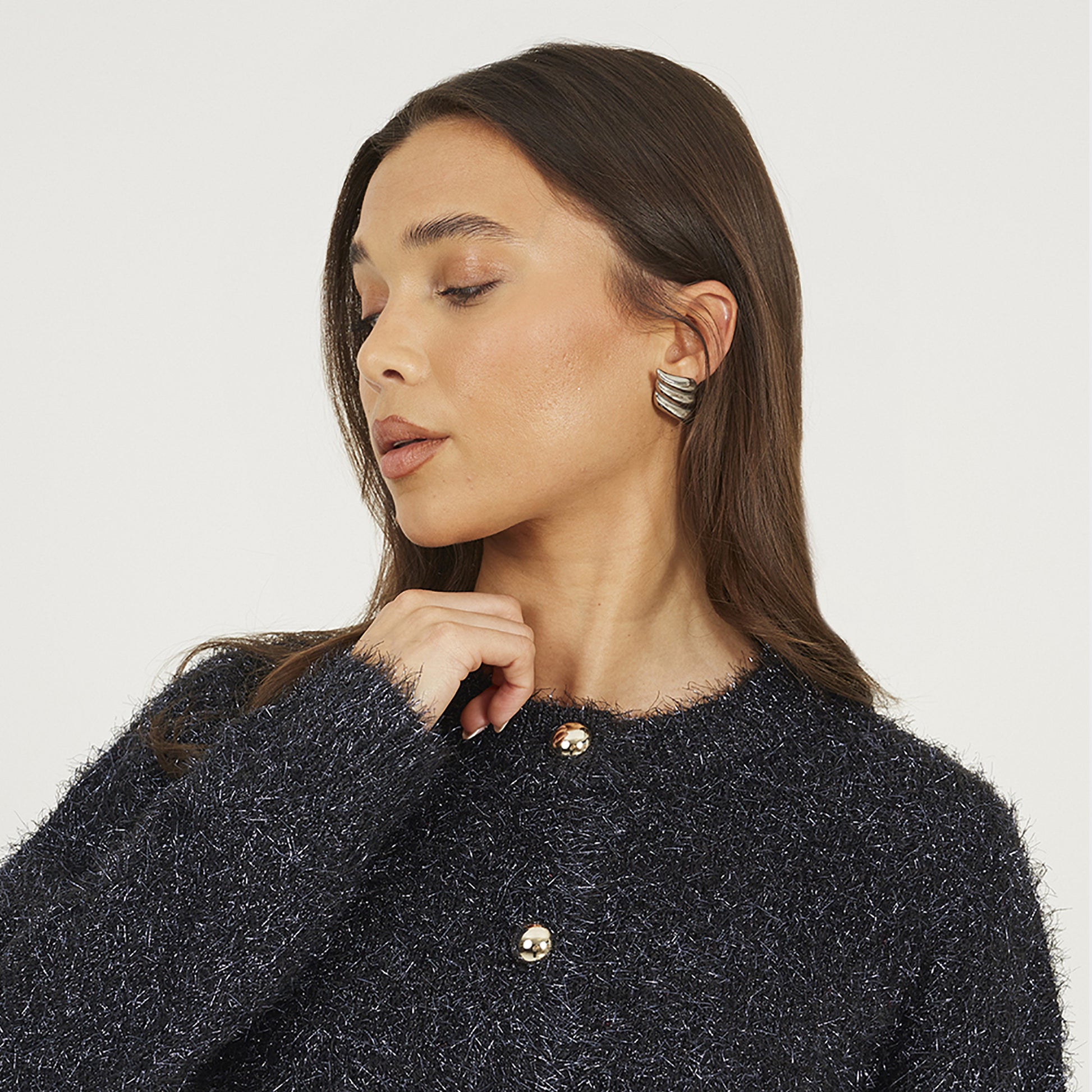 Brave Soul Navy Fluffy Tinsel Knit Cardigan - Navy Image 4