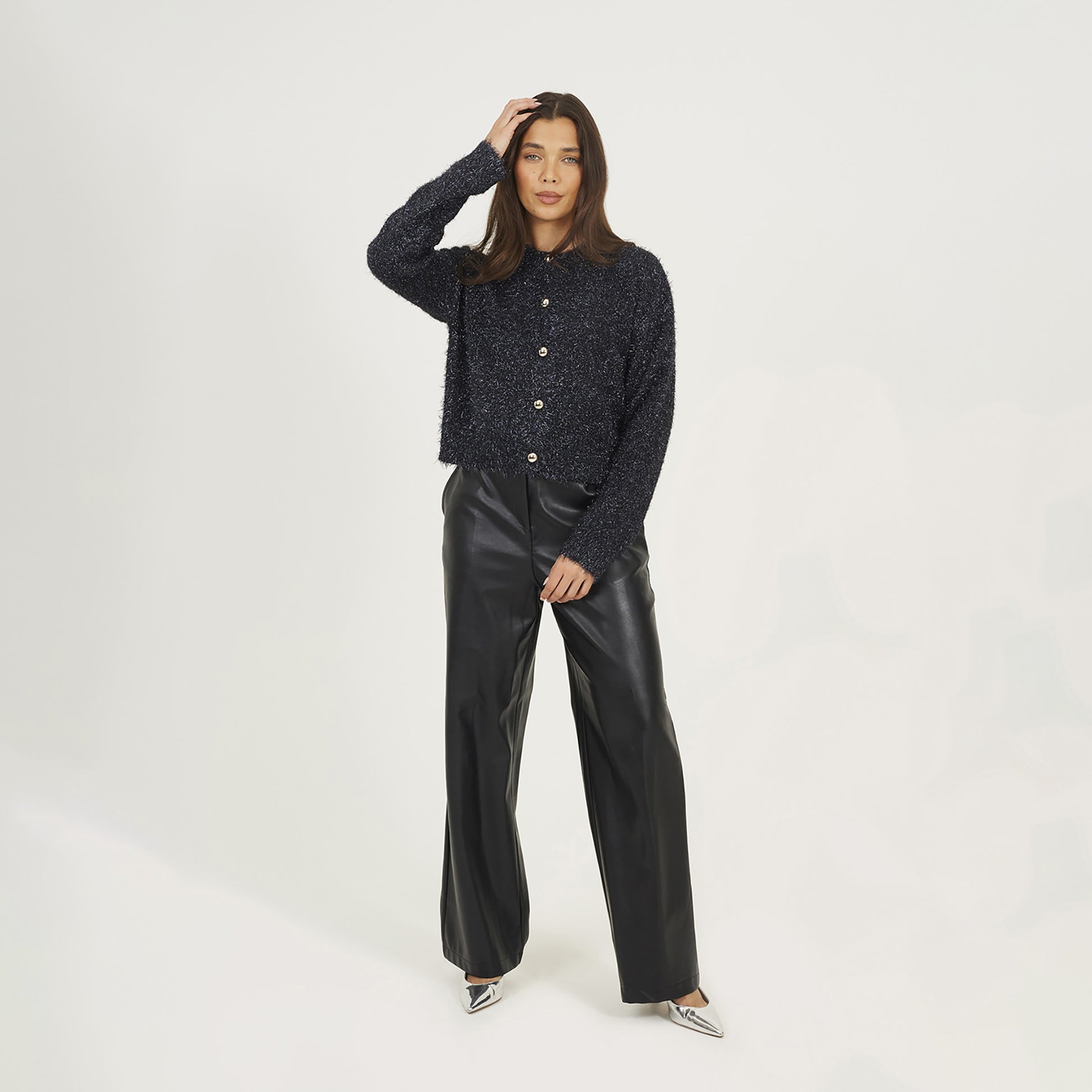Brave Soul Navy Fluffy Tinsel Knit Cardigan - Navy Image 3