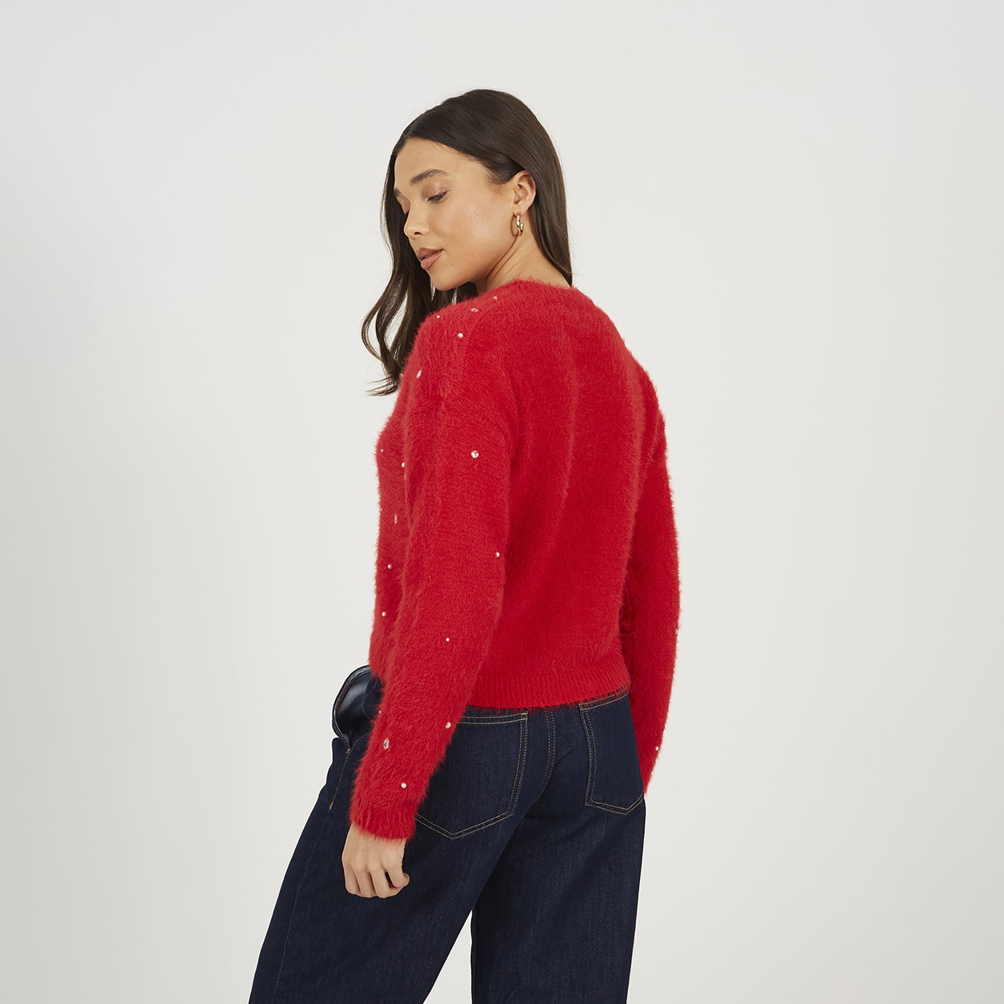 Brave Soul Red Fluffy Knit Cardigan With Jewel Embellishment - Red Image 2