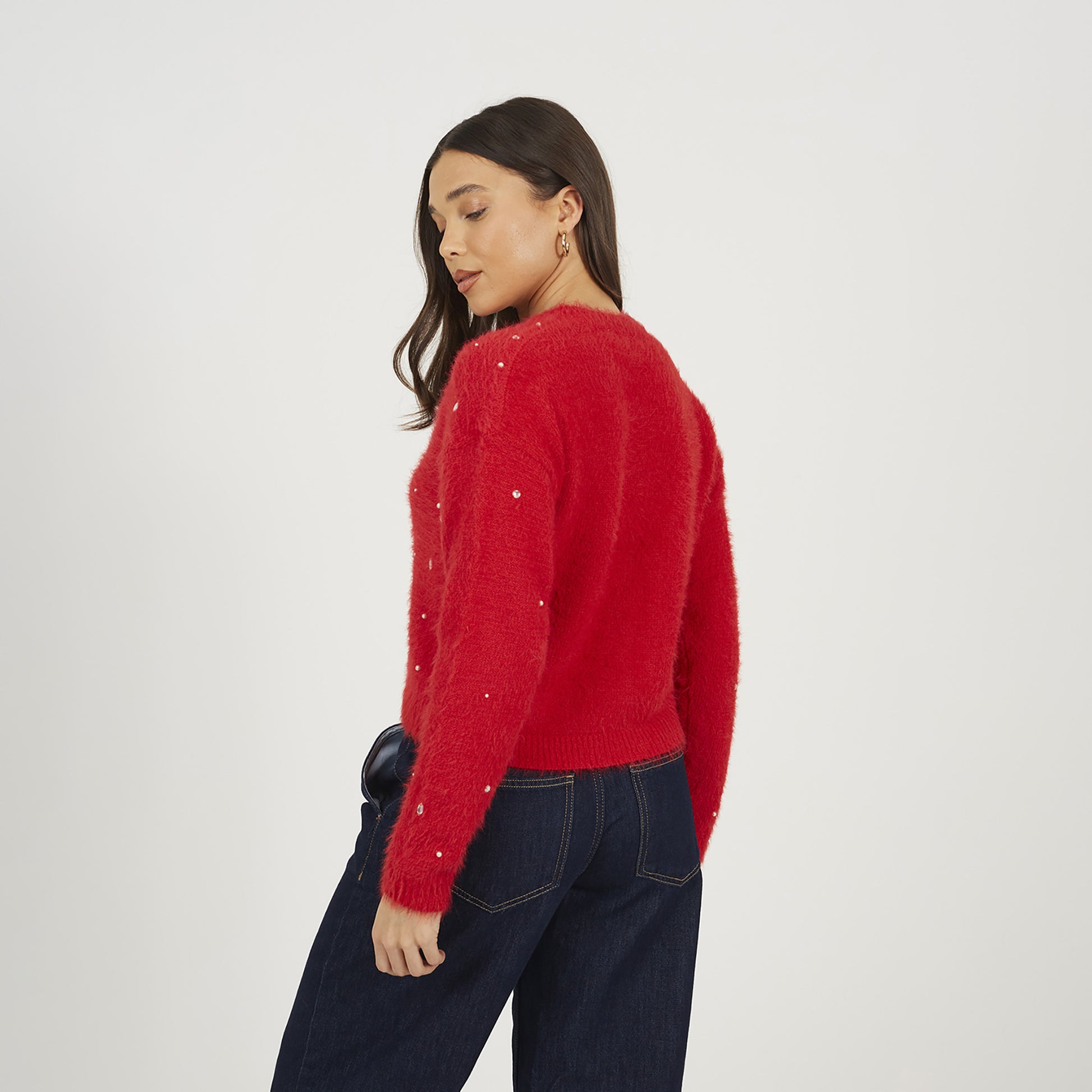 Brave Soul Red Fluffy Knit Cardigan With Jewel Embellishment - Red Image 2