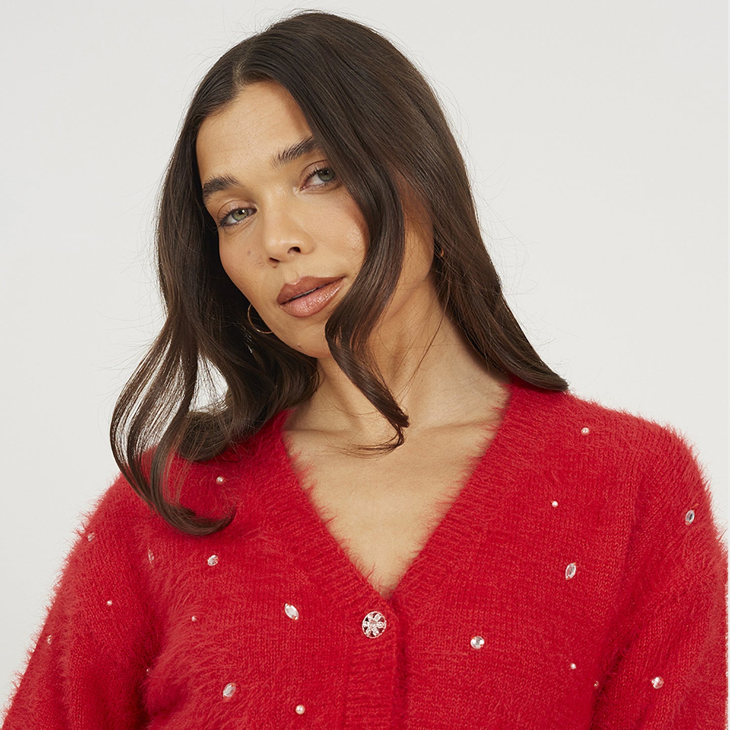 Brave Soul Red Fluffy Knit Cardigan With Jewel Embellishment - Red Image 4