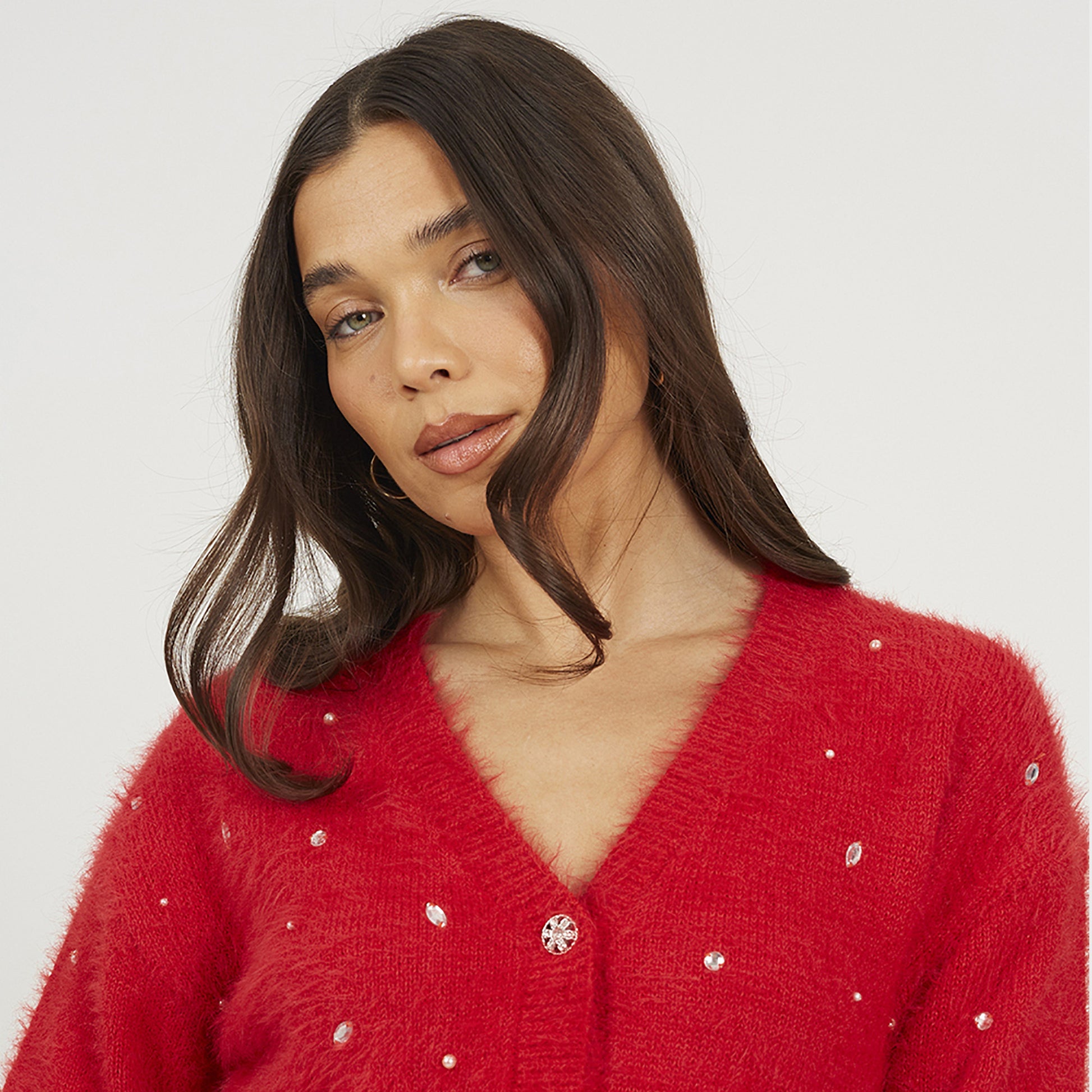 Brave Soul Red Fluffy Knit Cardigan With Jewel Embellishment - Red Image 4