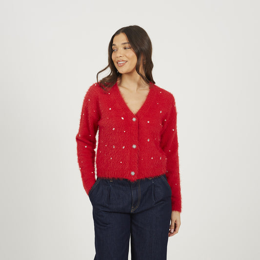 Brave Soul Red Fluffy Knit Cardigan With Jewel Embellishment - Red Image 1
