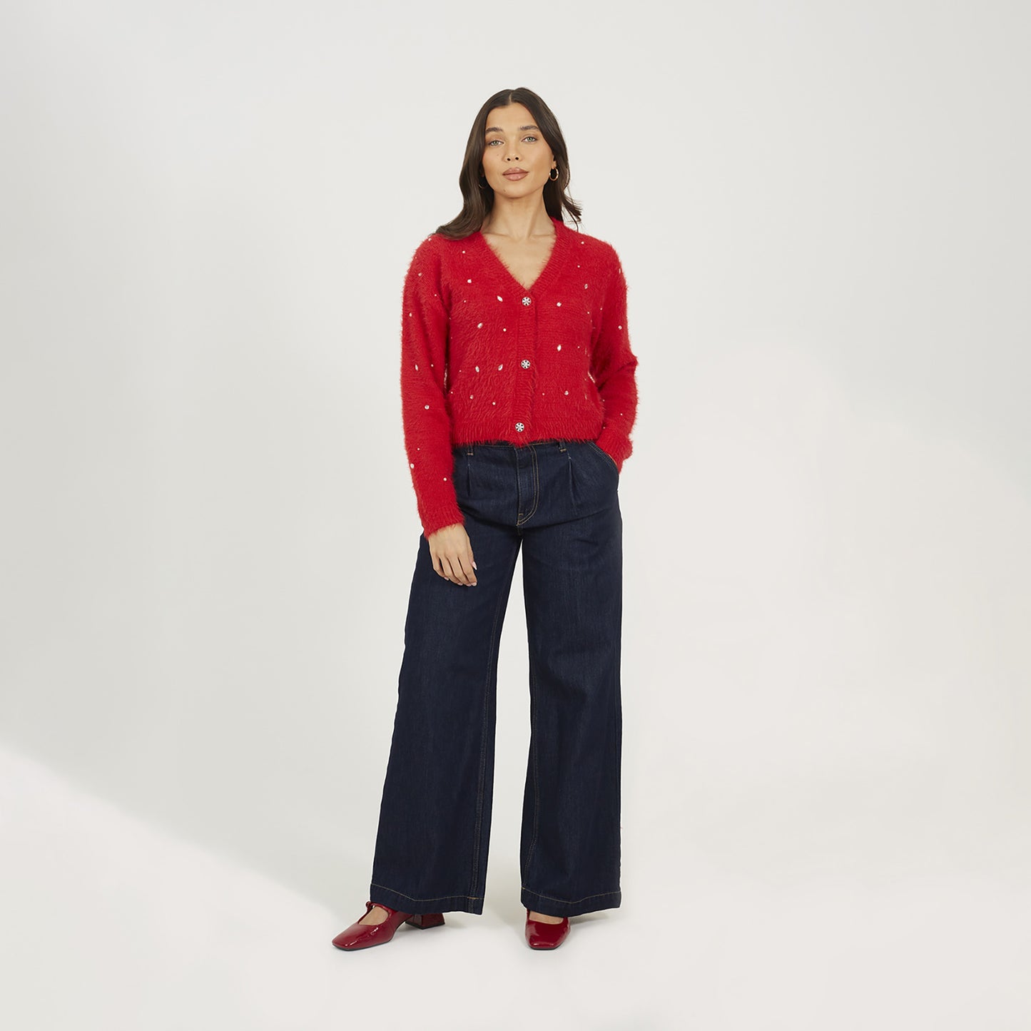 Brave Soul Red Fluffy Knit Cardigan With Jewel Embellishment - Red Image 3