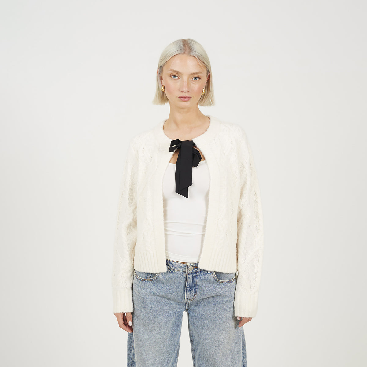 Brave Soul Cream Crew Neck Cable Knit Cardigan With Bow - Cream Image 1