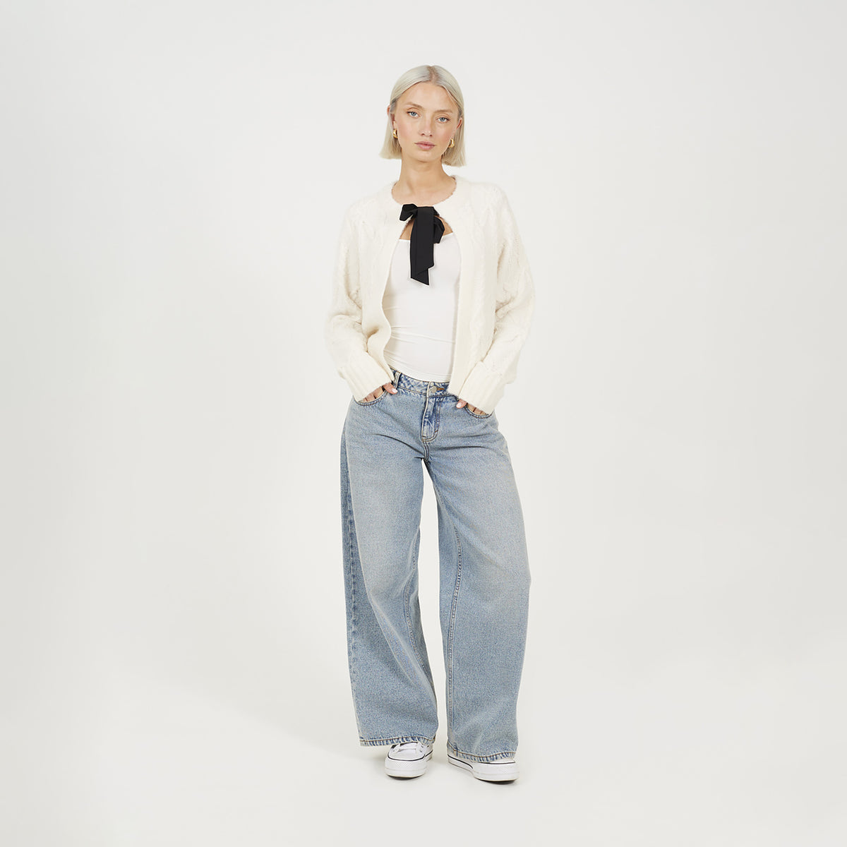 Brave Soul Cream Crew Neck Cable Knit Cardigan With Bow - Cream Image 3