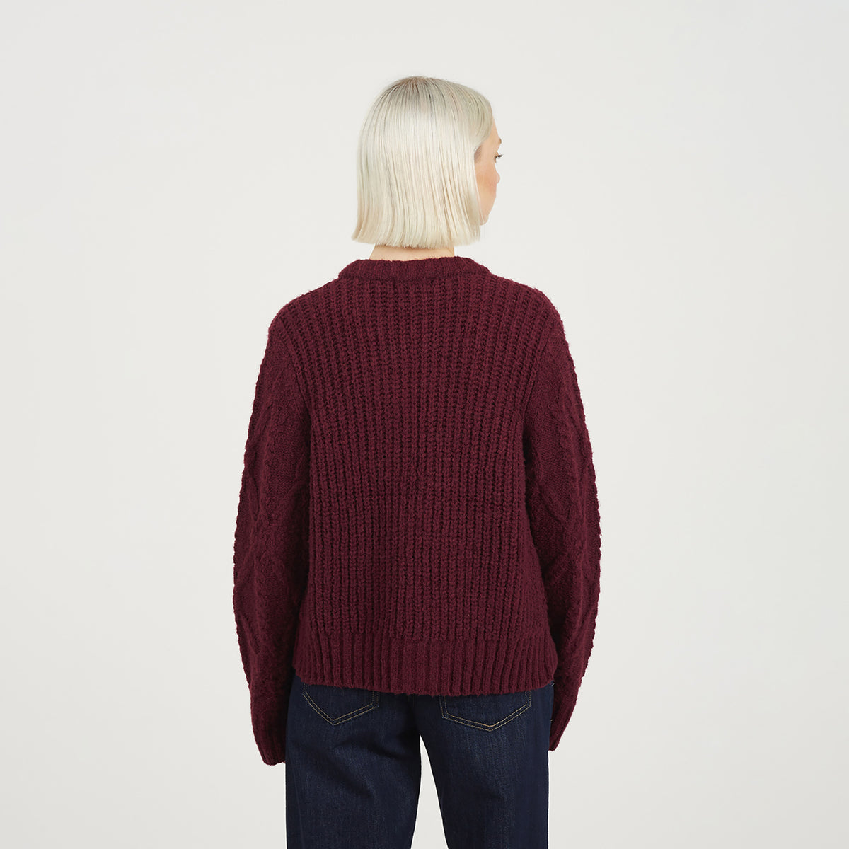 Brave Soul Wine Crew Neck Cable Knit Cardigan With Bow - Wine Image 2