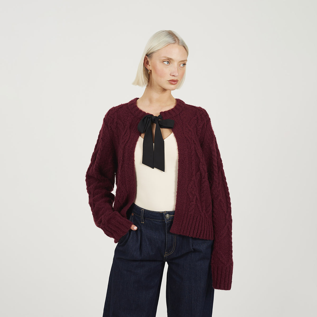 Brave Soul Wine Crew Neck Cable Knit Cardigan With Bow - Wine Image 1