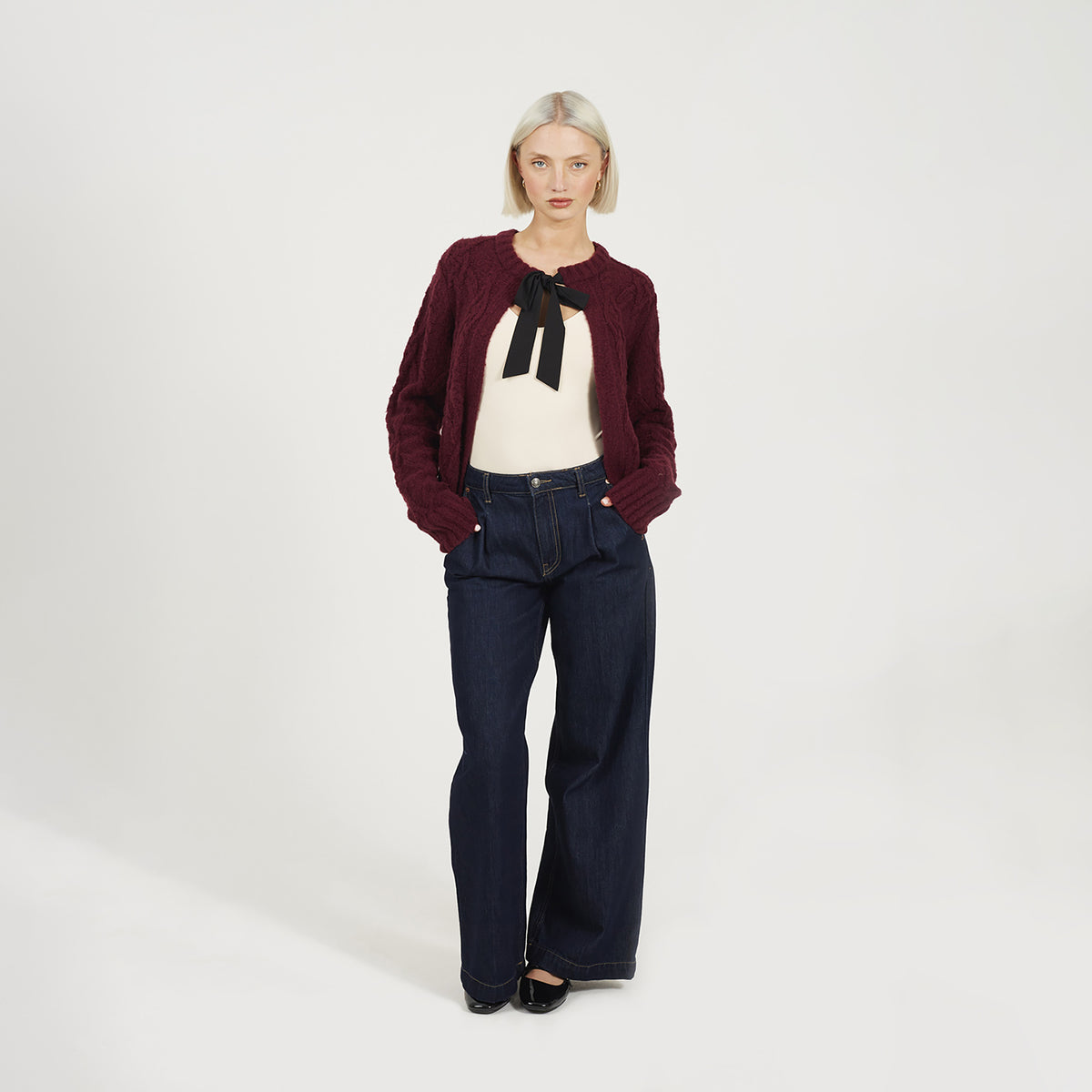 Brave Soul Wine Crew Neck Cable Knit Cardigan With Bow - Wine Image 3