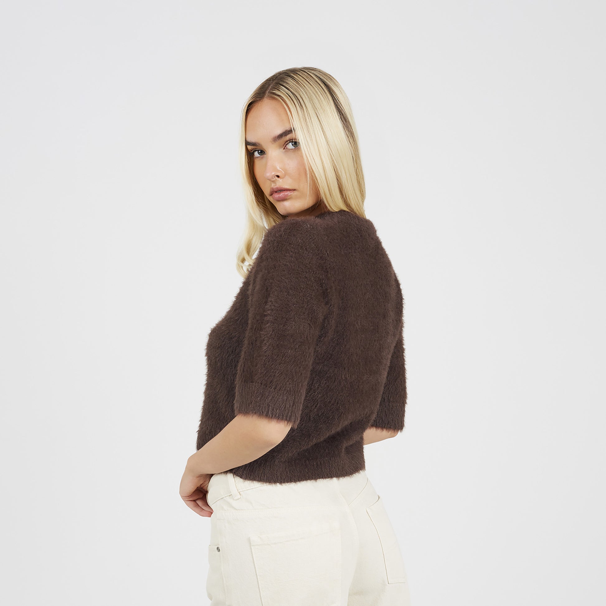 Brave Soul Chocolate Short Sleeve Fluffy Yarn Cardigan - Chocolate Image 2