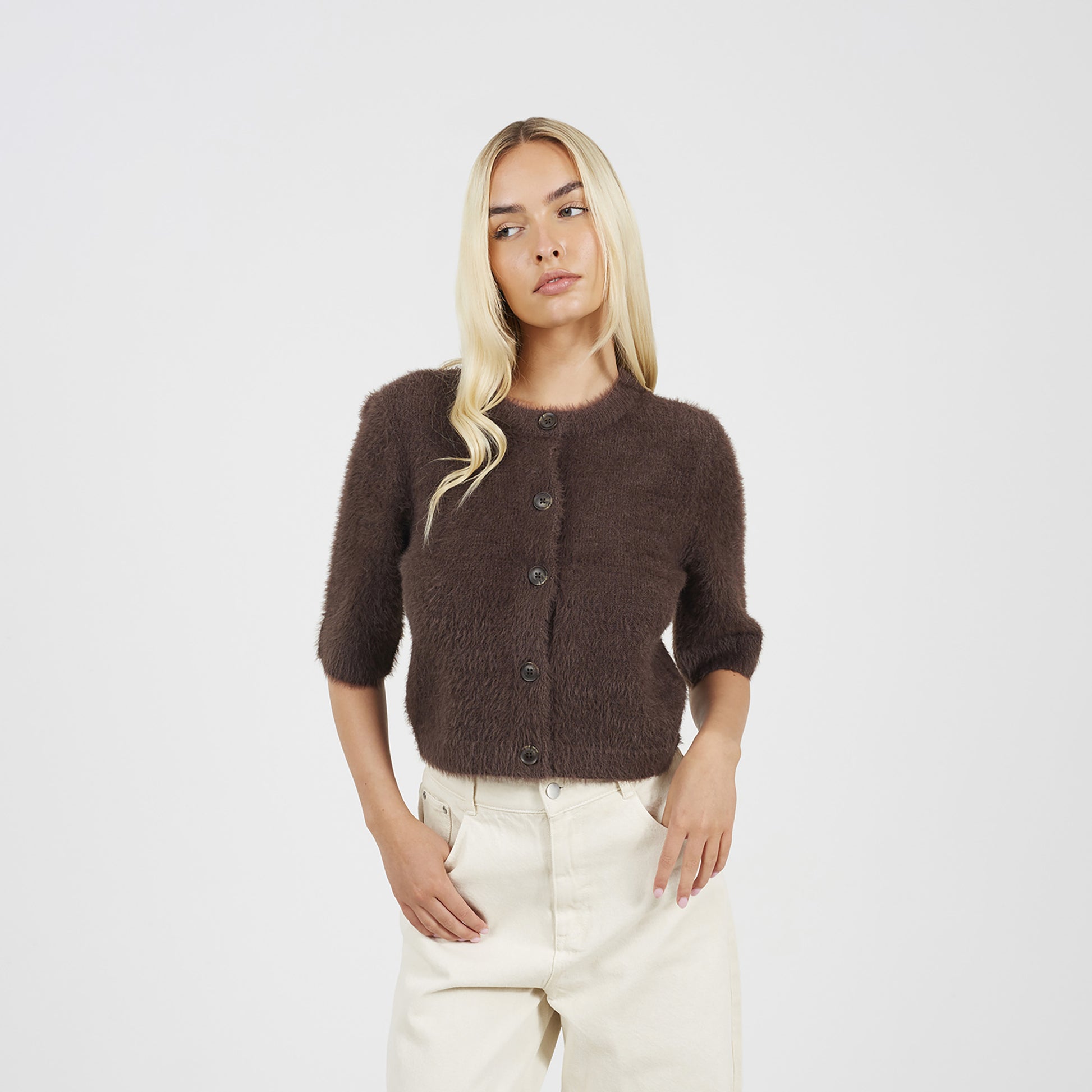 Brave Soul Chocolate Short Sleeve Fluffy Yarn Cardigan - Chocolate Image 1