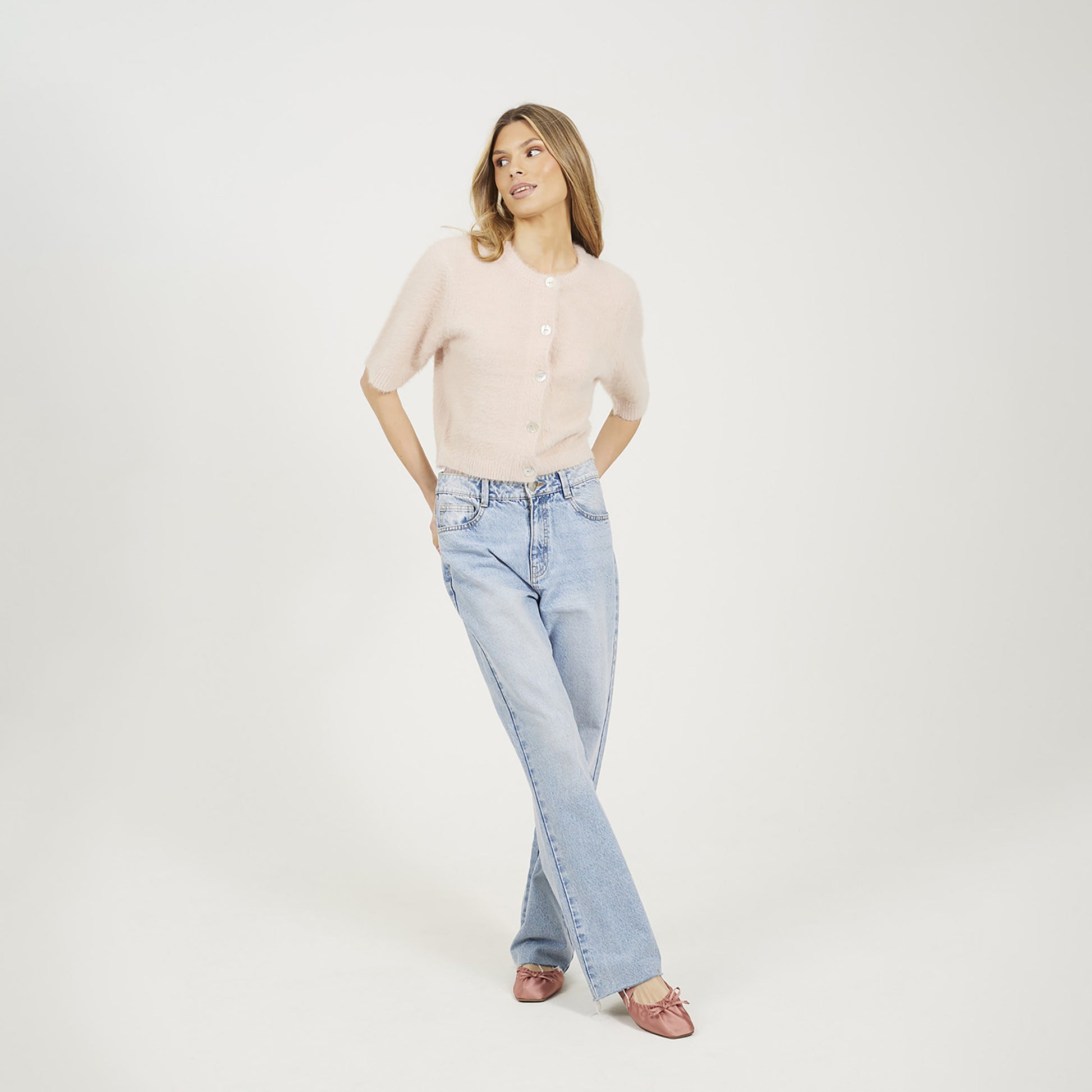 Brave Soul Pink Short Sleeve Fluffy Yarn Cardigan - Pink Image 3