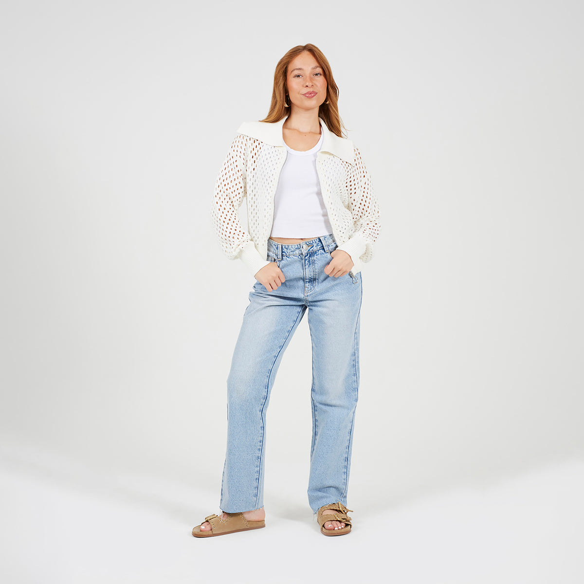 Brave Soul White Crochet Knit Zip Through Cardigan - White Image 3
