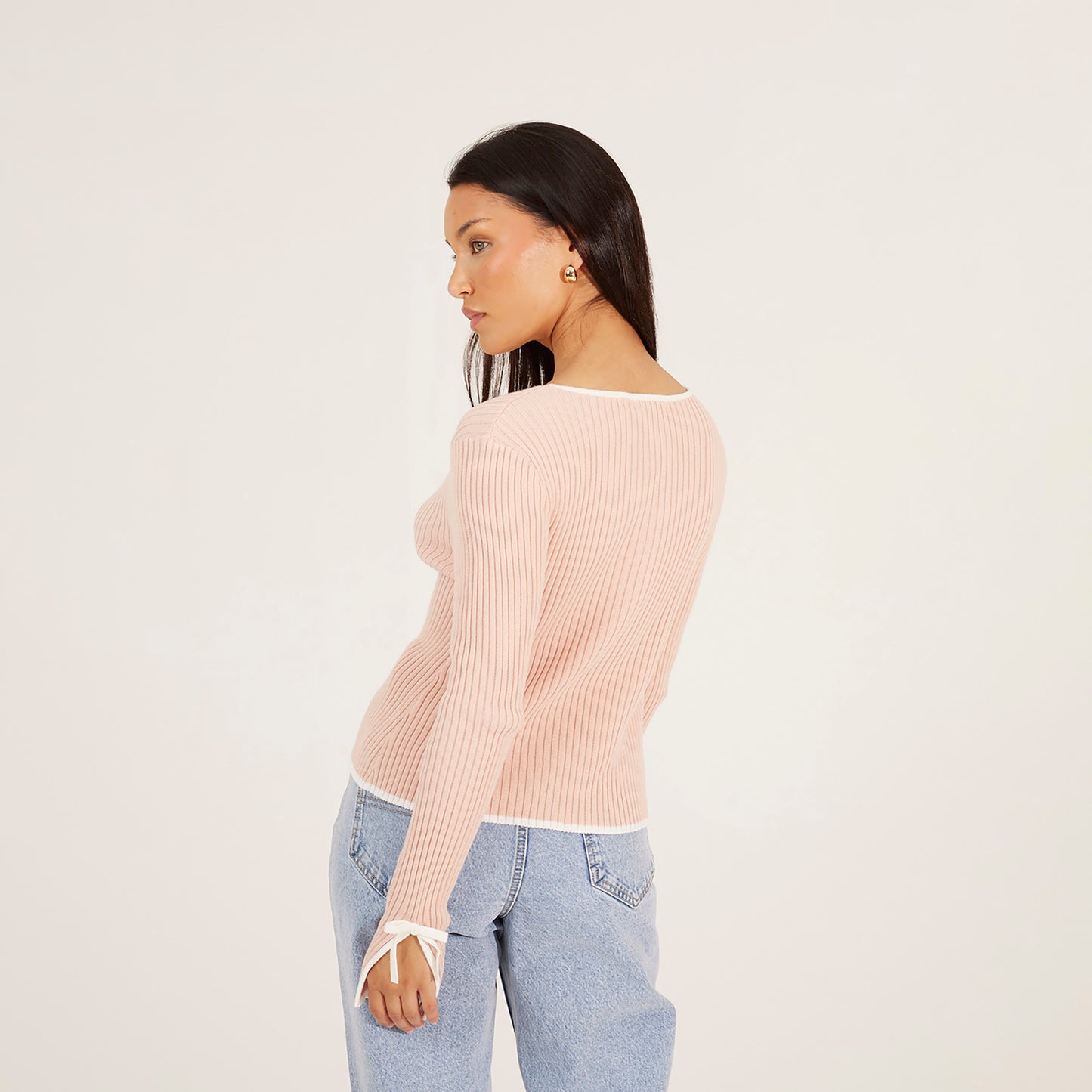 Brave Soul Pale Pink Ribbed Knitted Cardigan with Bow Fastening - Pale Pink Image 2